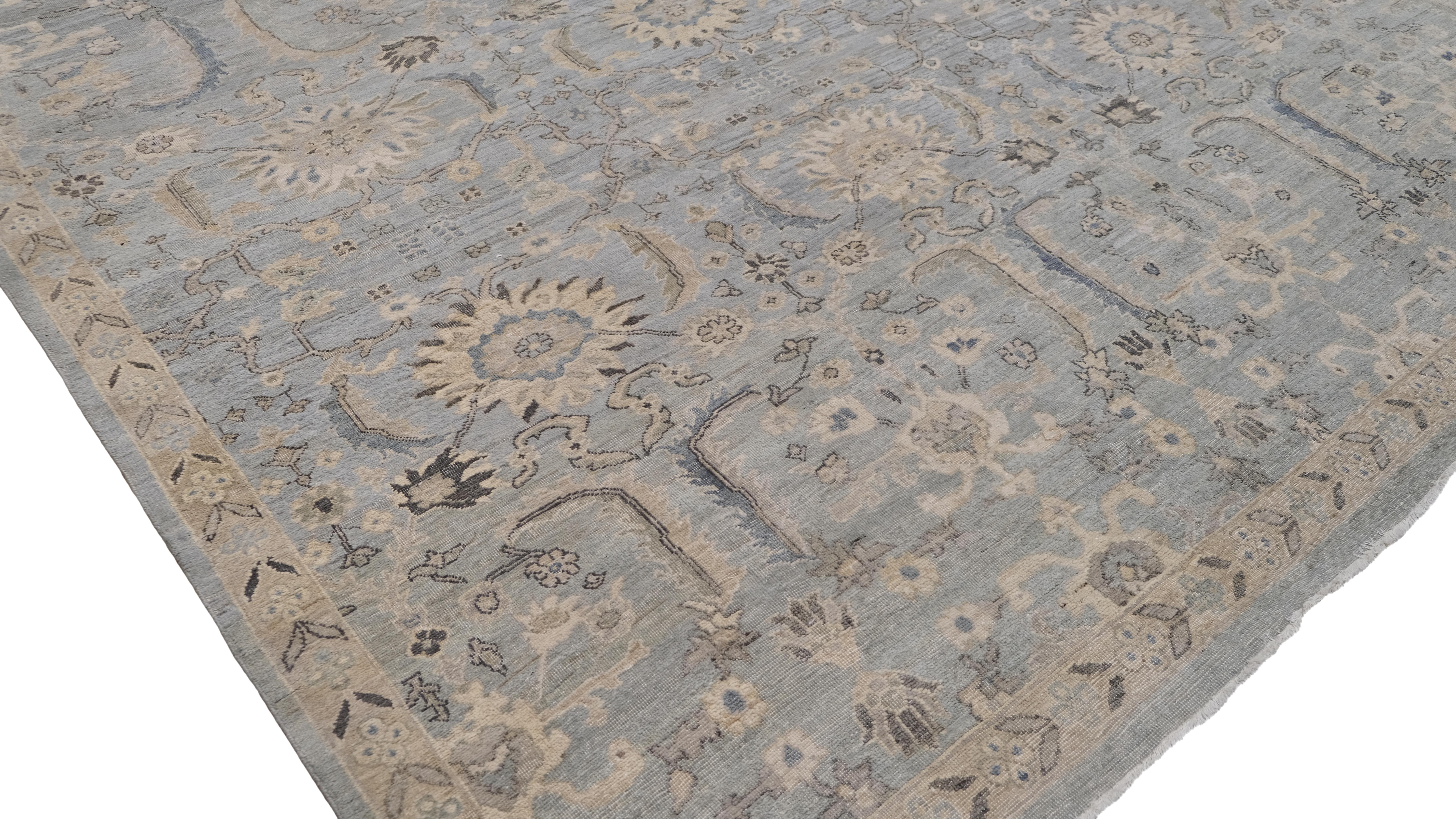 Asiatico Tappeto in lana con motivo Tabriz blu e beige, con effetto anticato, 9'9''x13'10'' in vendita