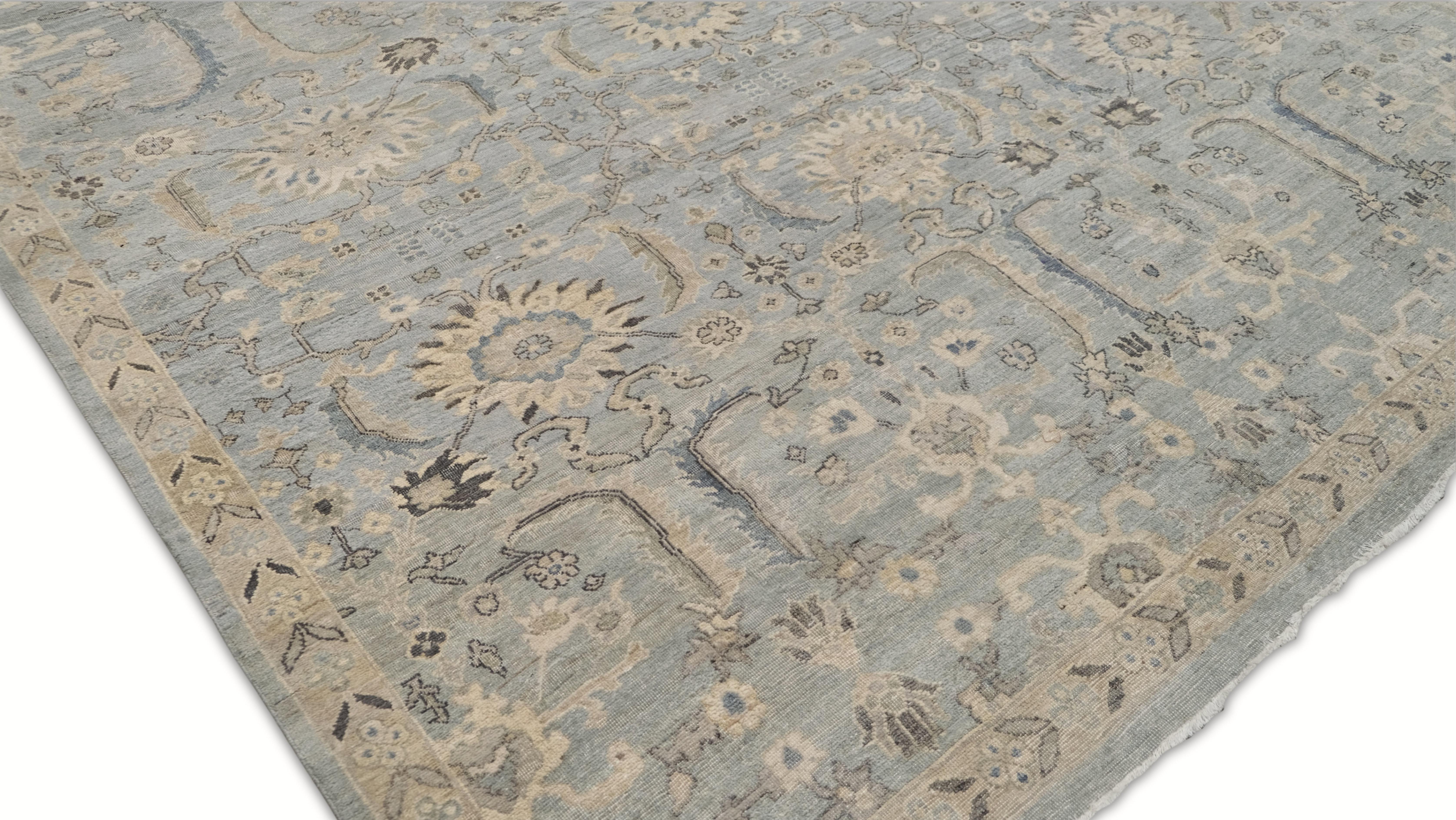 XXI secolo e contemporaneo Tappeto in lana con motivo Tabriz blu e beige, con effetto anticato, 9'9''x13'10'' in vendita