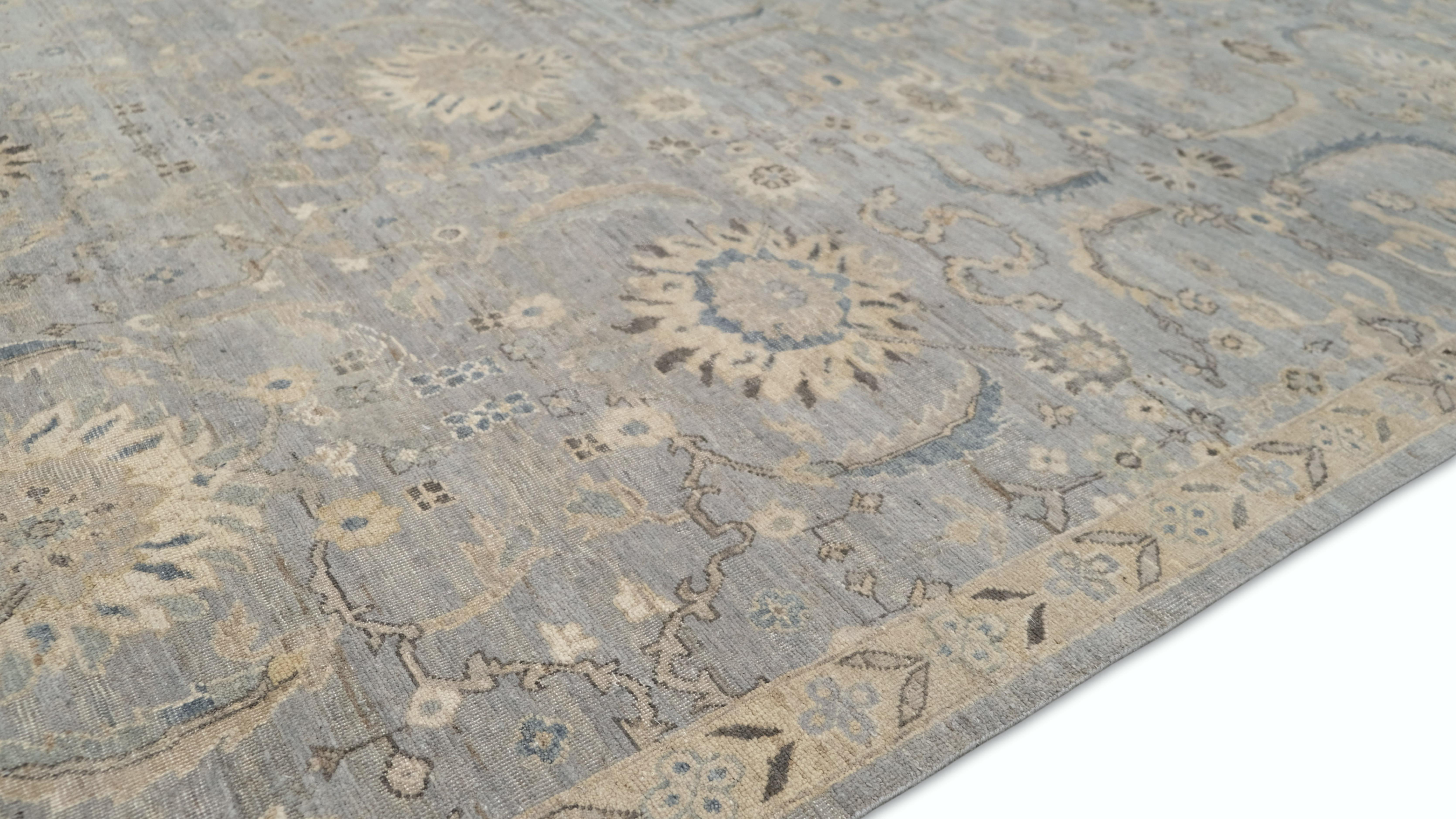 Lana Tappeto in lana con motivo Tabriz blu e beige, con effetto anticato, 9'9''x13'10'' in vendita