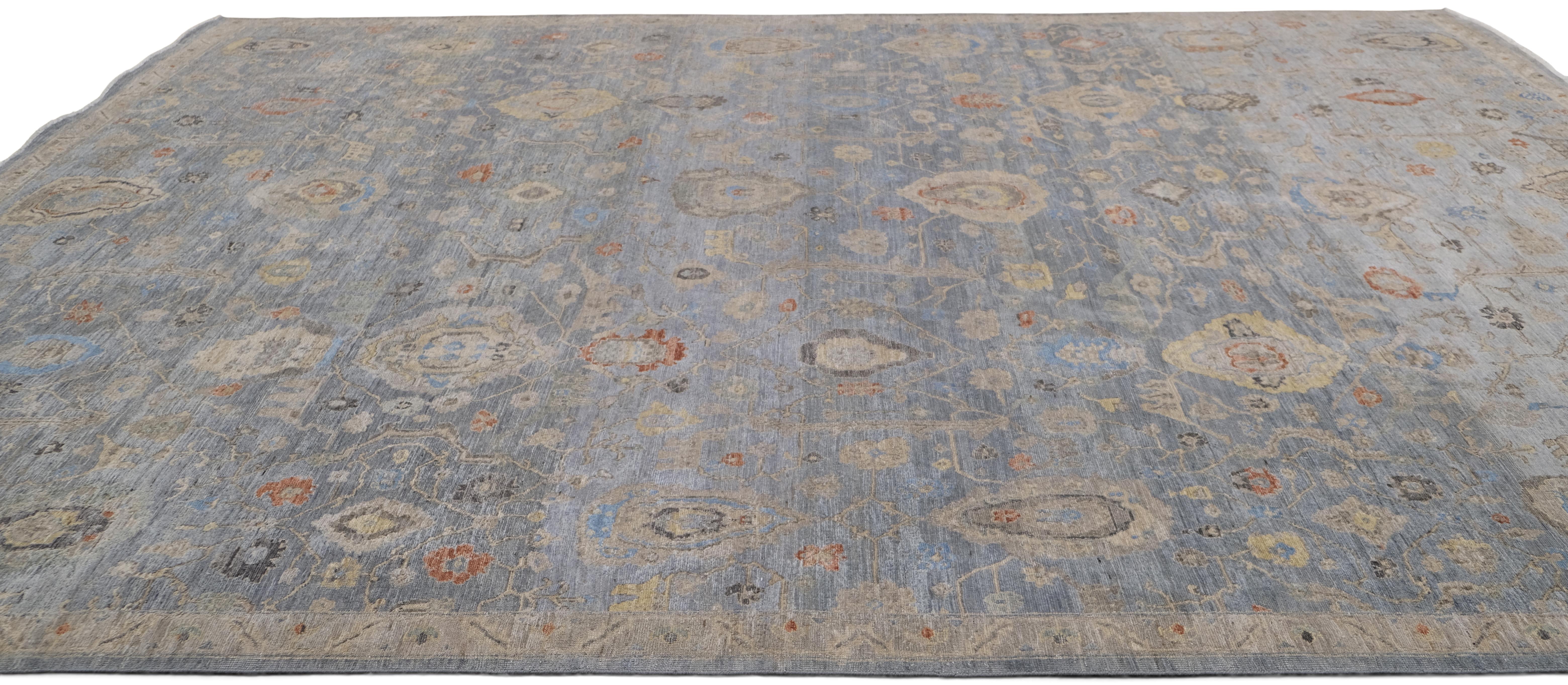 Wollteppich im Used-Look in Blau, Grau und Elfenbein mit Mahal-Muster 8'10''x11'10'' (Asiatisch) im Angebot