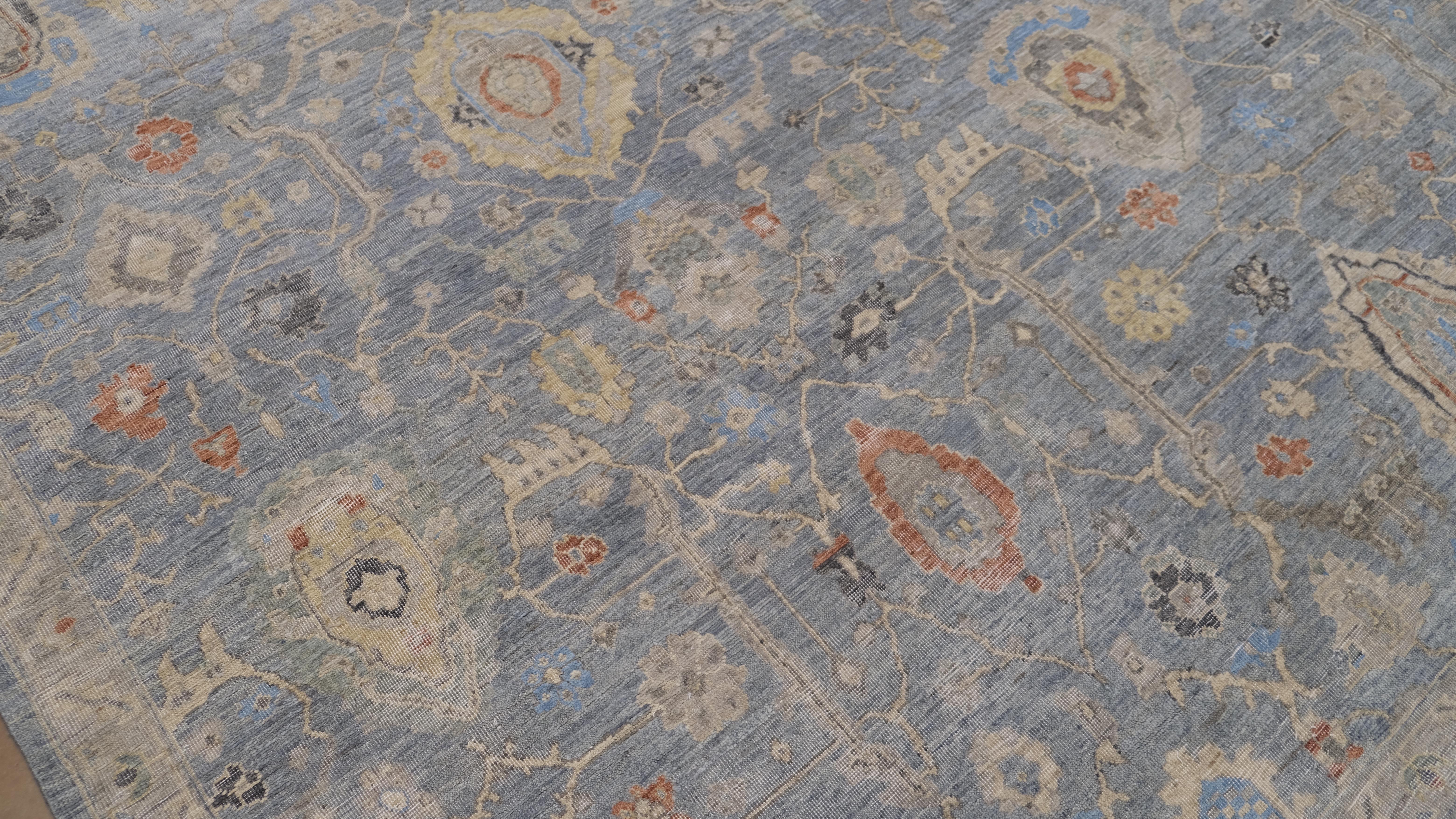 Wollteppich im Used-Look in Blau, Grau und Elfenbein mit Mahal-Muster 8'10''x11'10'' (Handgeknüpft) im Angebot