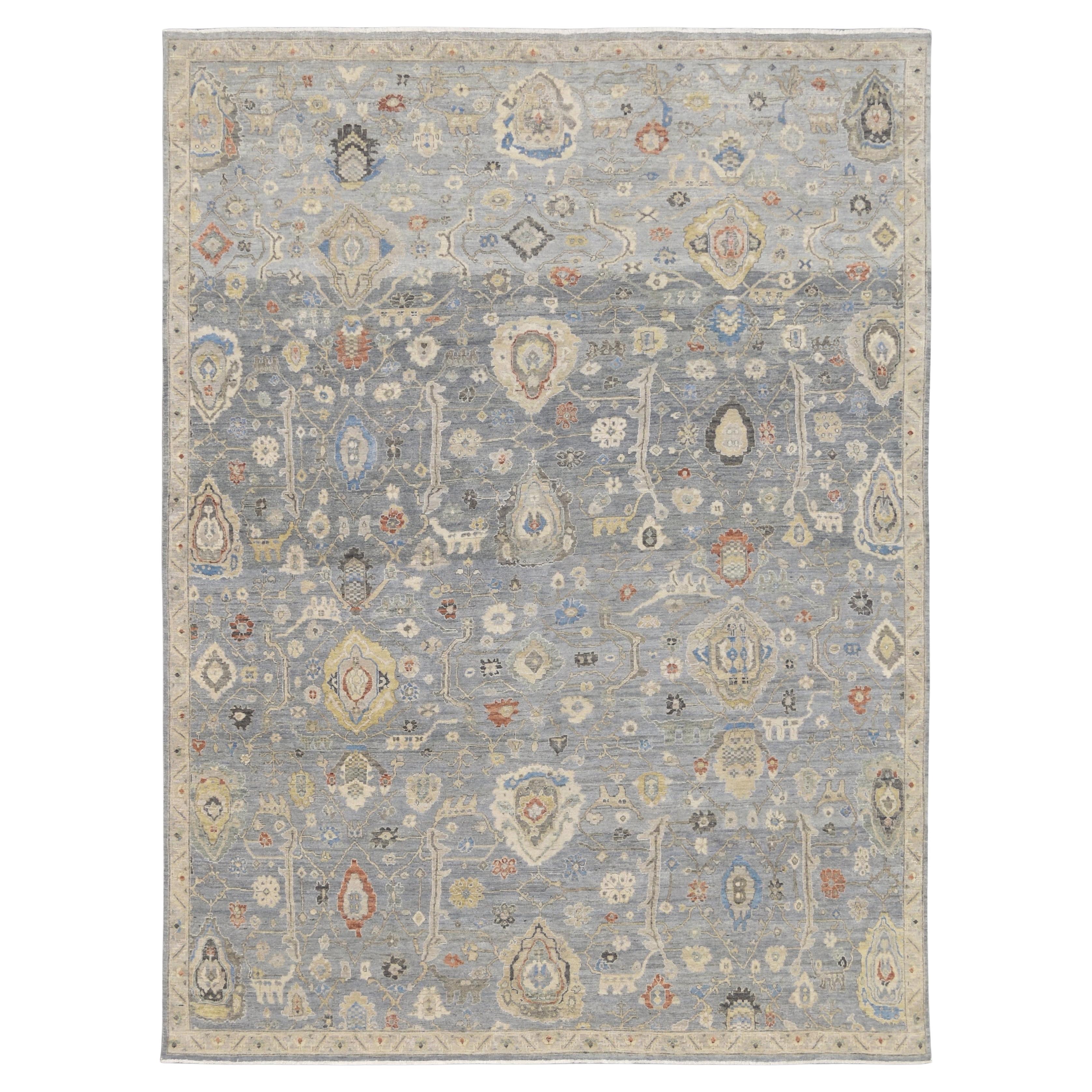 Distressed Blue Grey and Ivory Mahal Pattern Wool Rug 8'10''x11'10''