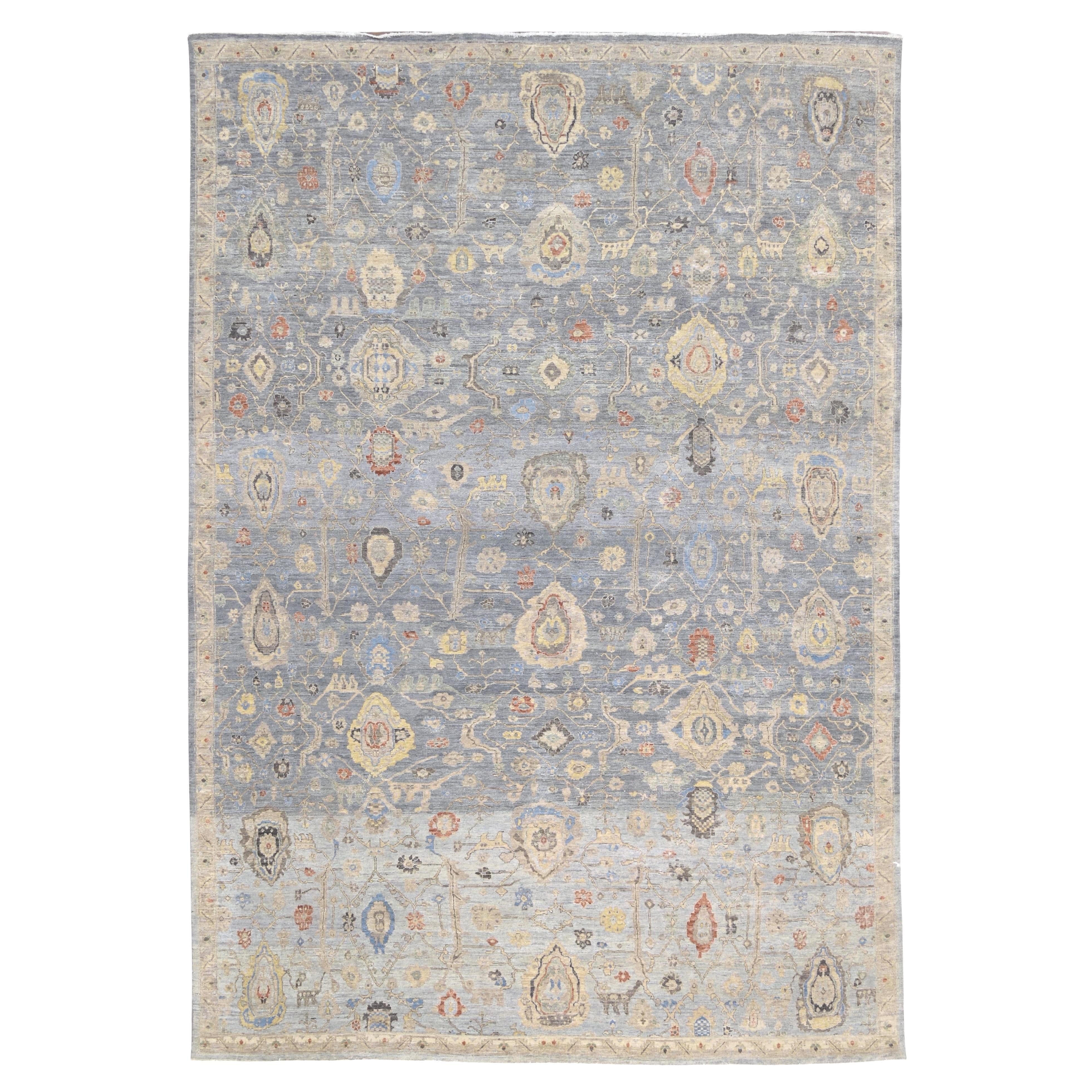 Wollteppich im Used-Look in Blau, Rost und Elfenbein mit Mahal-Muster 9'8''x14'