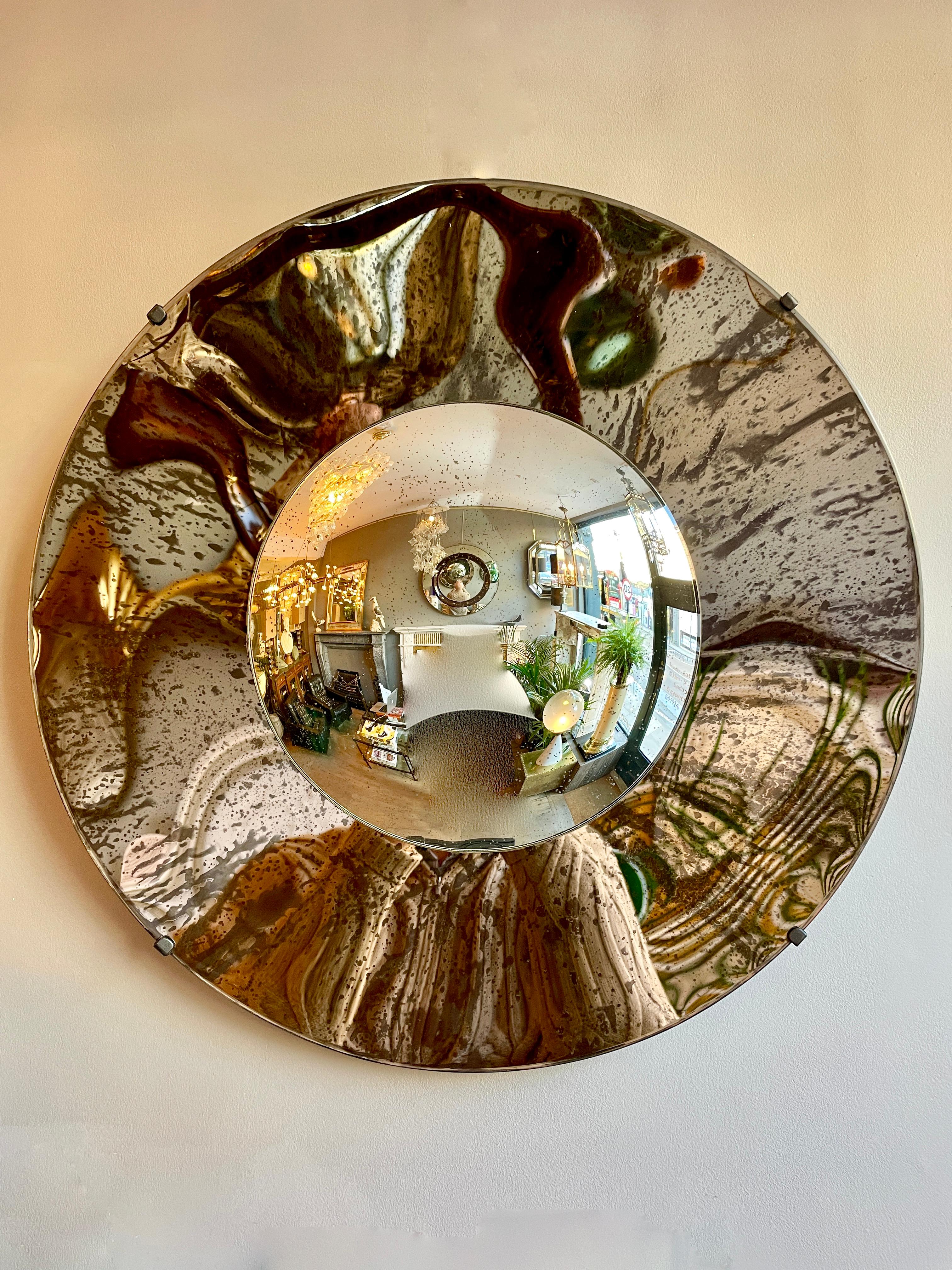 Contemporary Distressed Bronze and Silver Concave Mirror For Sale