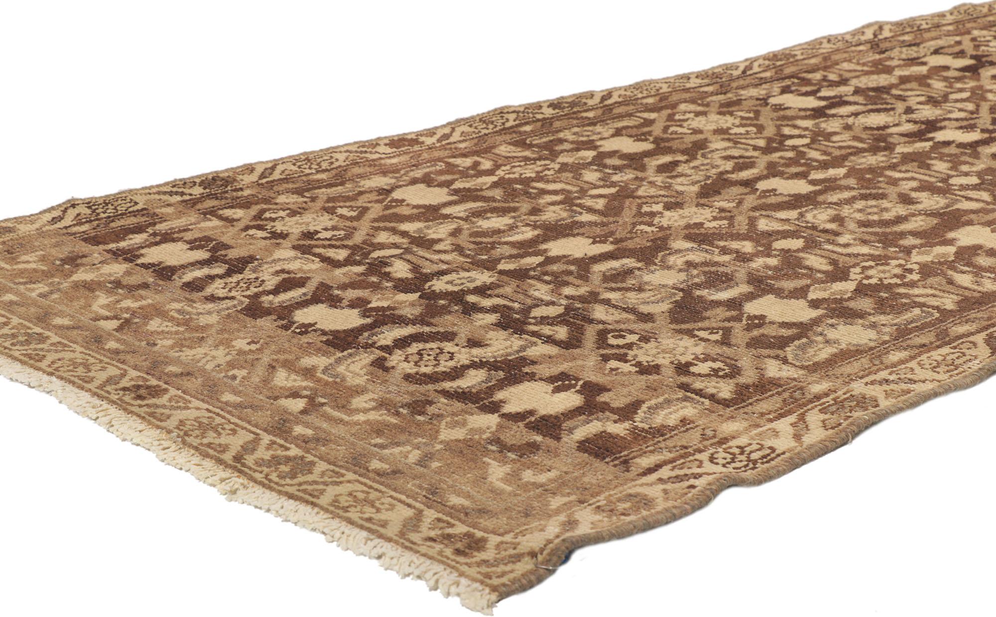 53744 Distressed Antique Persian Malayer runner, 03'01 x 10'04. The abrashed brown field features an all-over Herati pattern. The Classic Herati design, also known as the Mahi or Fish pattern, is amongst the most widespread and well known of all