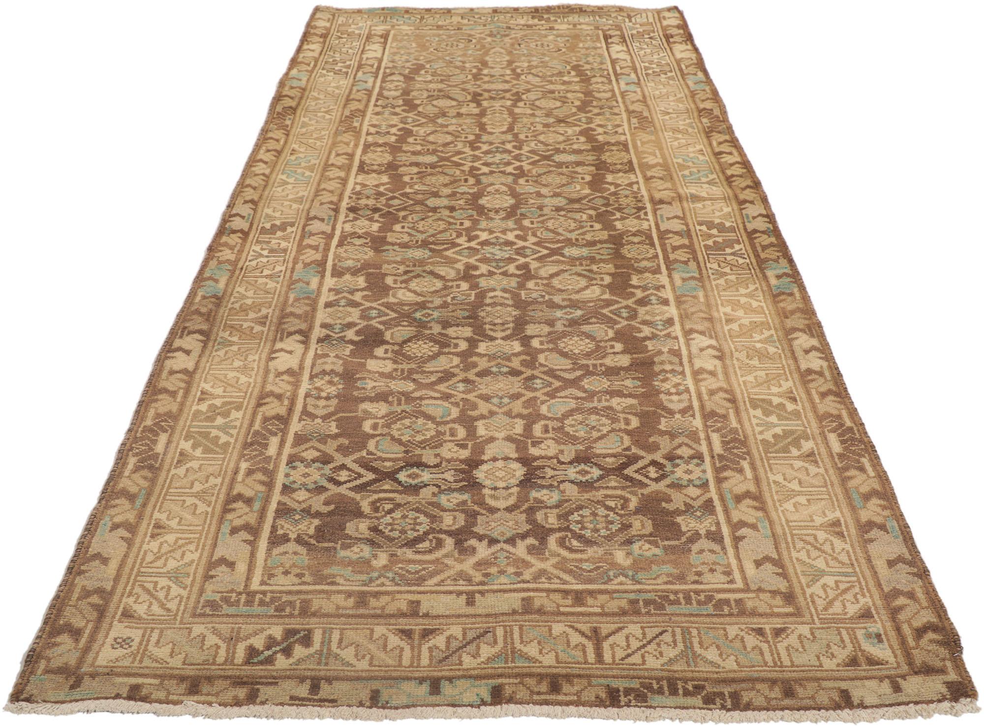 Hand-Knotted Distressed Brown Antique Persian Malayer Runner For Sale