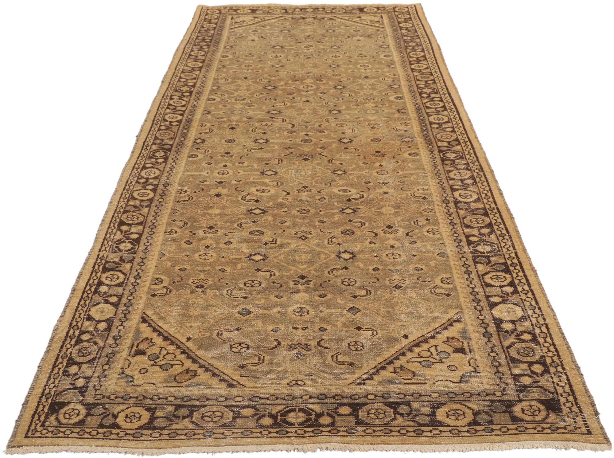 Hand-Knotted Distressed Brown Antique Persian Malayer Runner For Sale