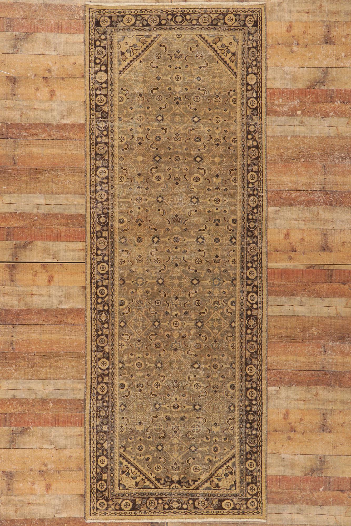 Distressed Brown Antique Persian Malayer Runner For Sale 2