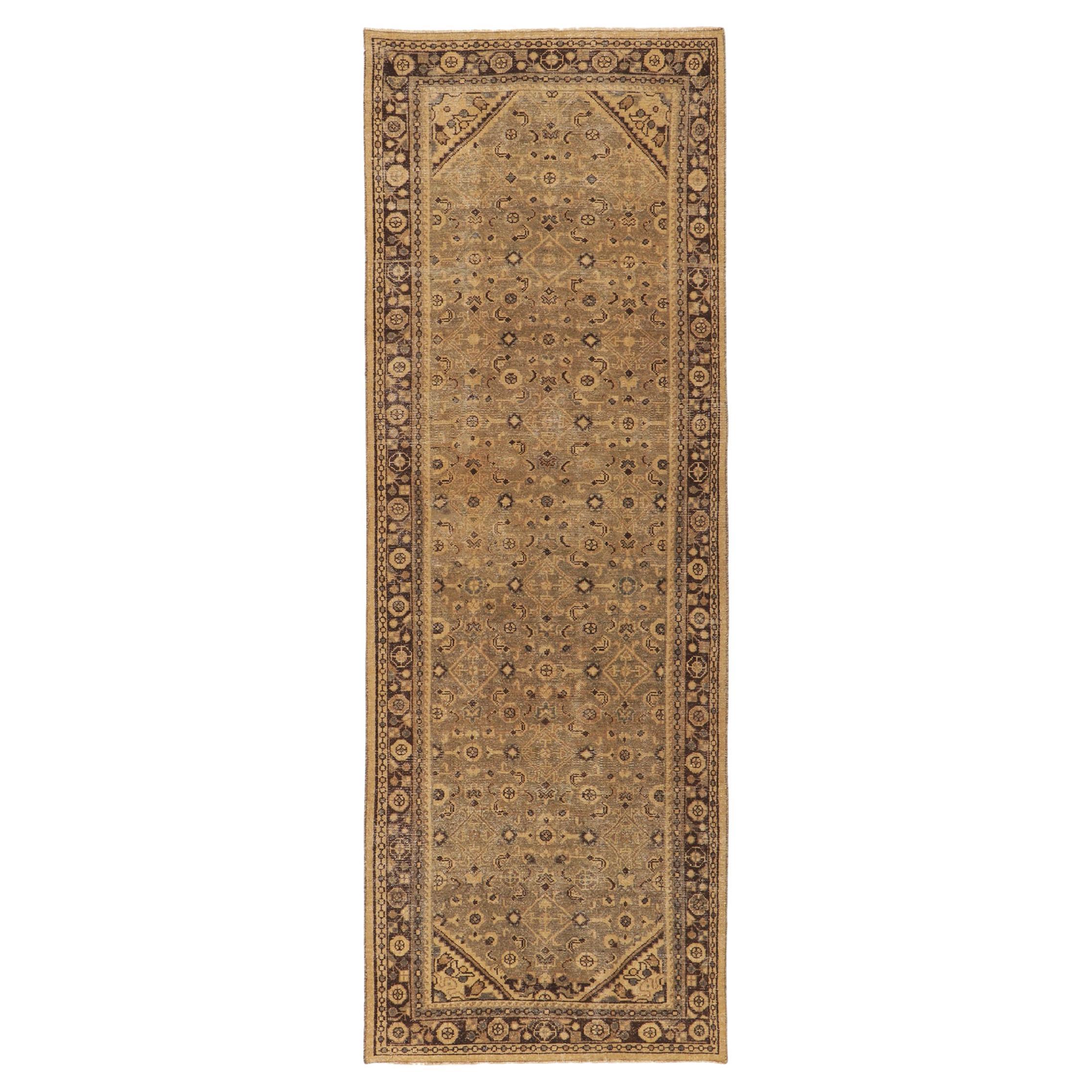 Distressed Brown Antique Persian Malayer Runner For Sale