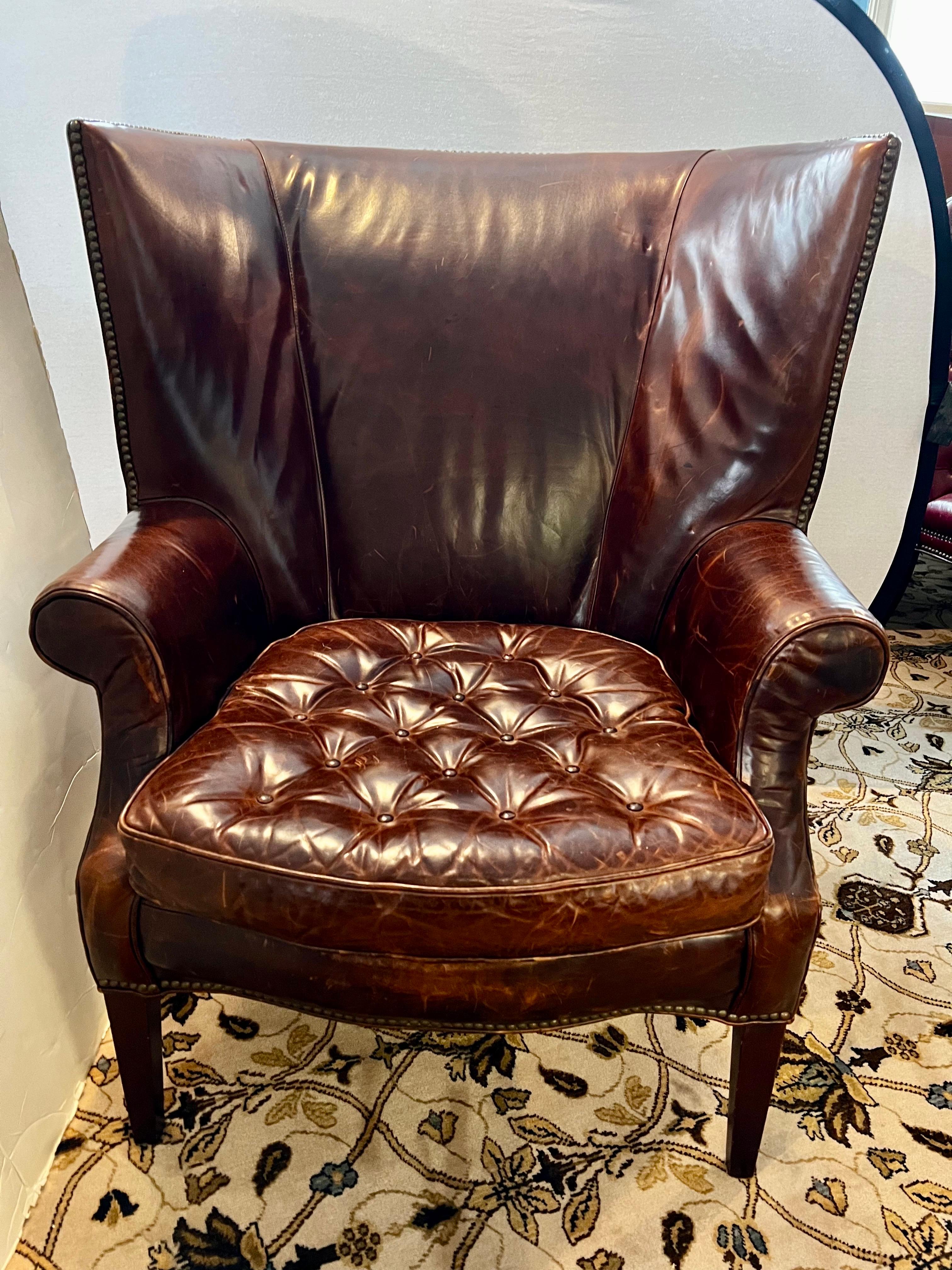 Distressed Brown Chesterfield Leather Wingback Chair & Matching Ottoman 5