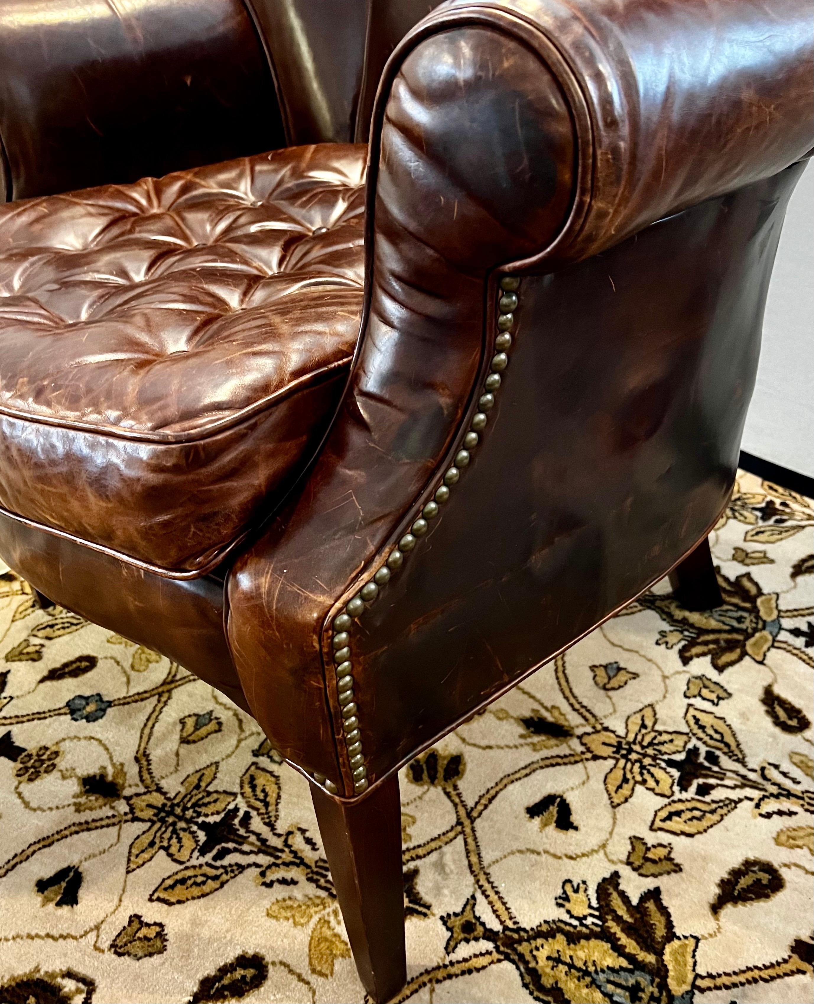  Distressed Brown Chesterfield Leather Wingback Chair & Matching Ottoman 6