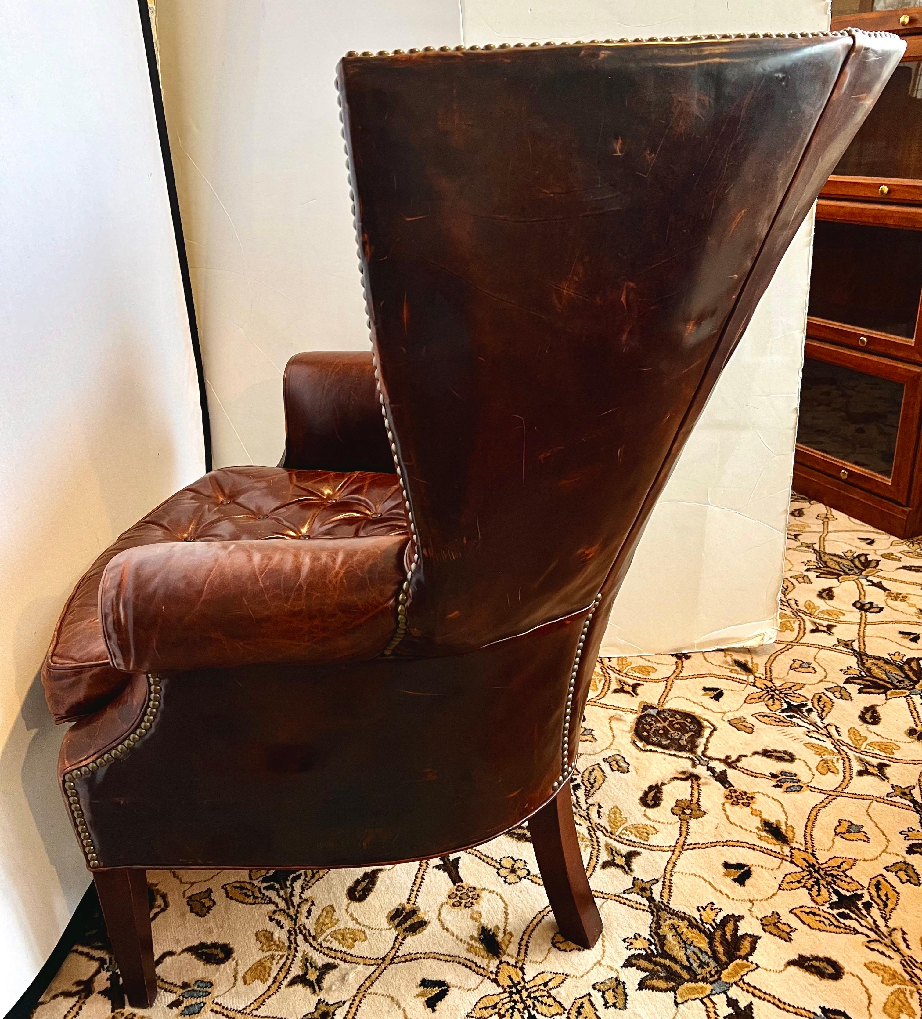  Distressed Brown Chesterfield Leather Wingback Chair & Matching Ottoman 1