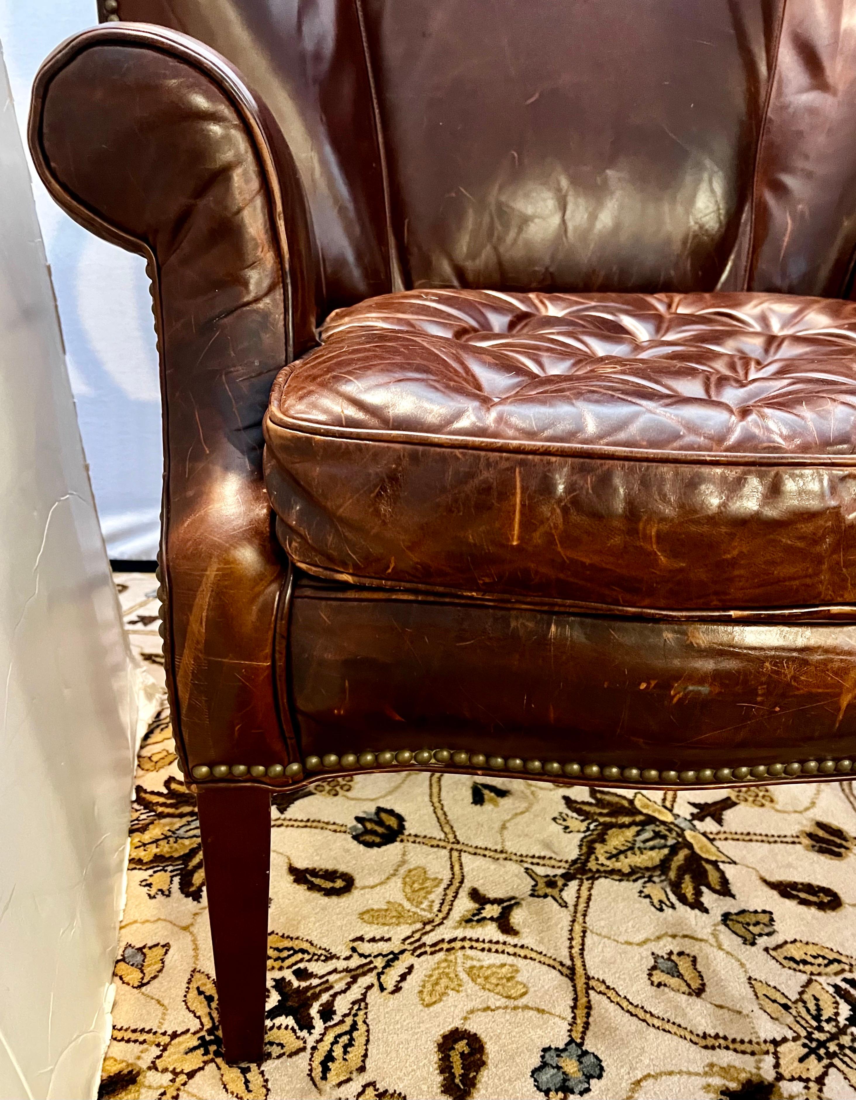 Distressed Brown Chesterfield Leather Wingback Chair & Matching Ottoman 5