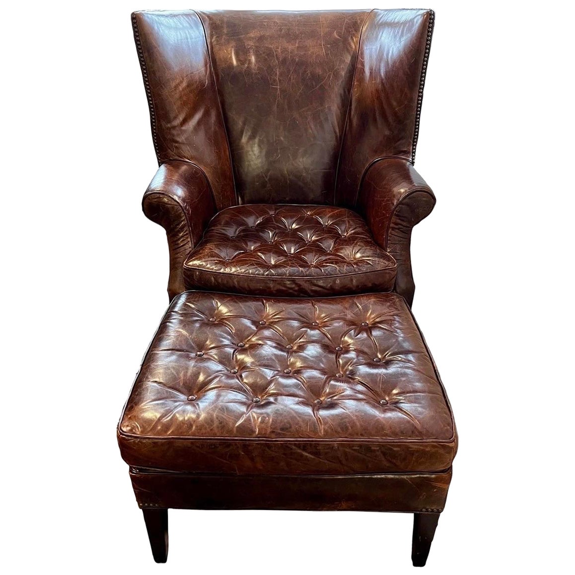 Distressed Brown Chesterfield Leather Wingback Chair & Matching Ottoman