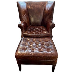 Distressed Brown Chesterfield Leather Wingback Chair & Matching Ottoman