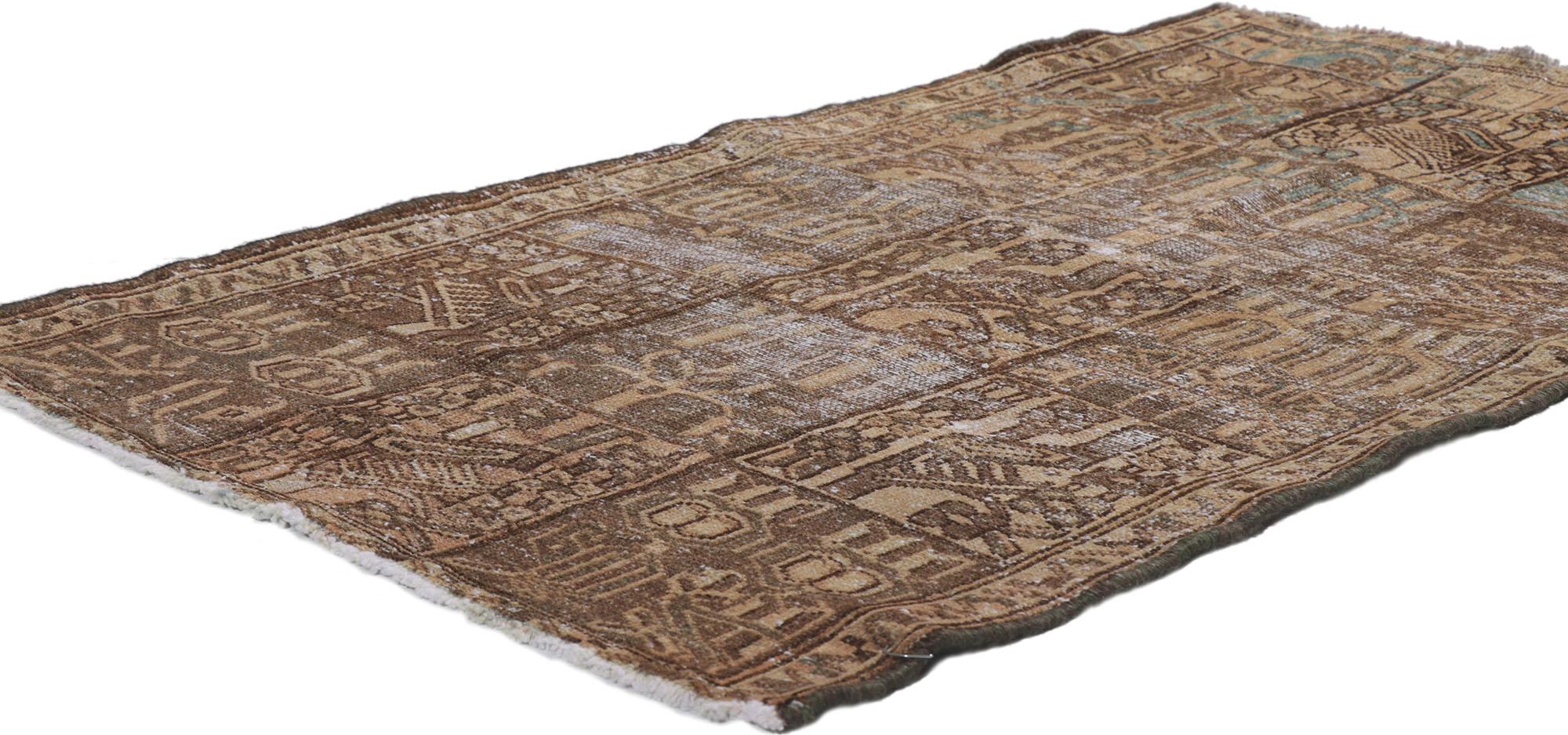 60986 distressed brown vintage Persian Bakhtiari rug with square Panels 02'07 x 04'00. Cleverly composed and distinctively well-balanced, this hand knotted wool distressed antique Persian Bakhtiari rug will take on a curated lived-in look that feels