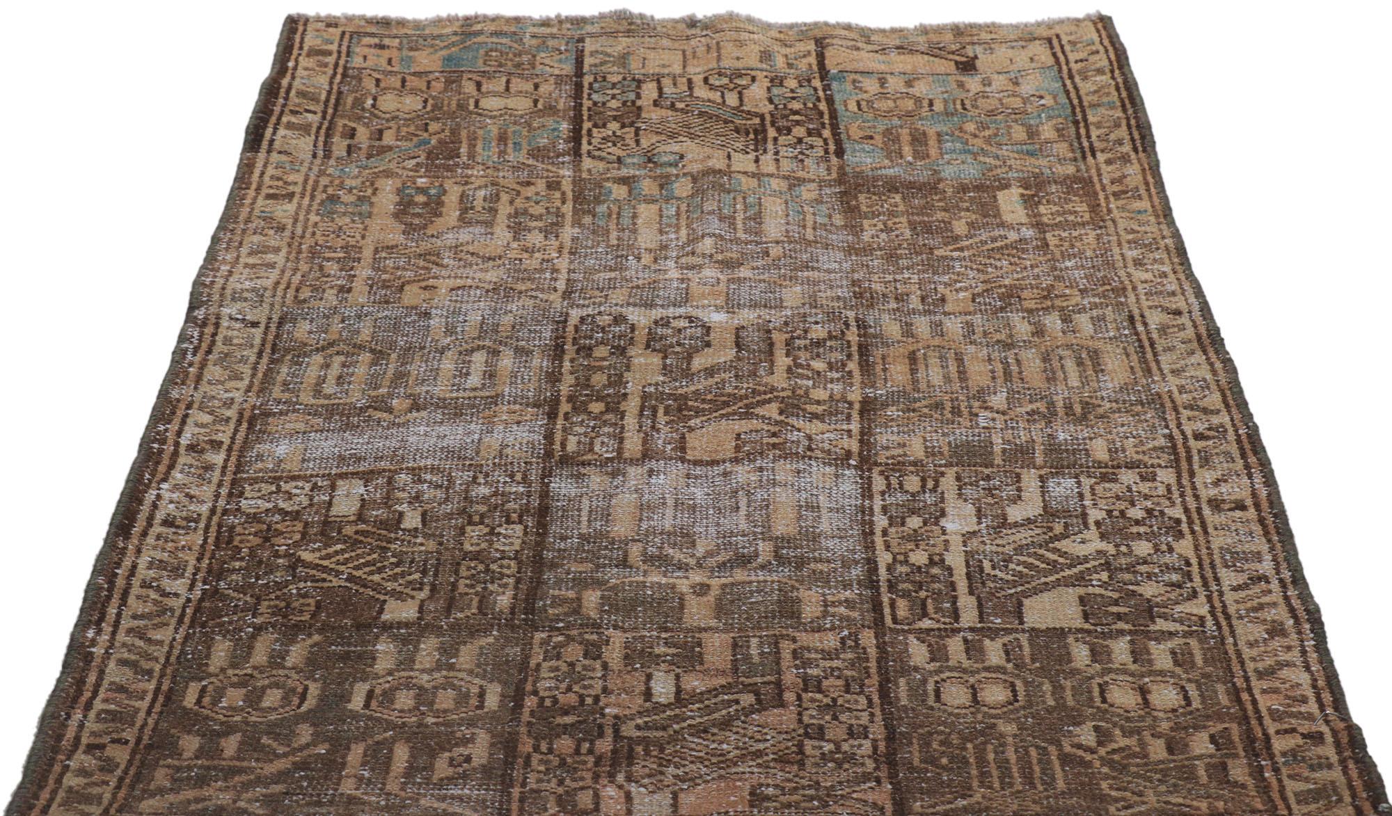 Rustic Distressed Brown Vintage Persian Bakhtiari Rug with Square Panels For Sale