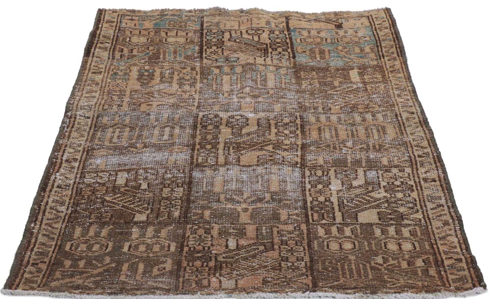 Hand-Knotted Distressed Brown Vintage Persian Bakhtiari Rug with Square Panels For Sale
