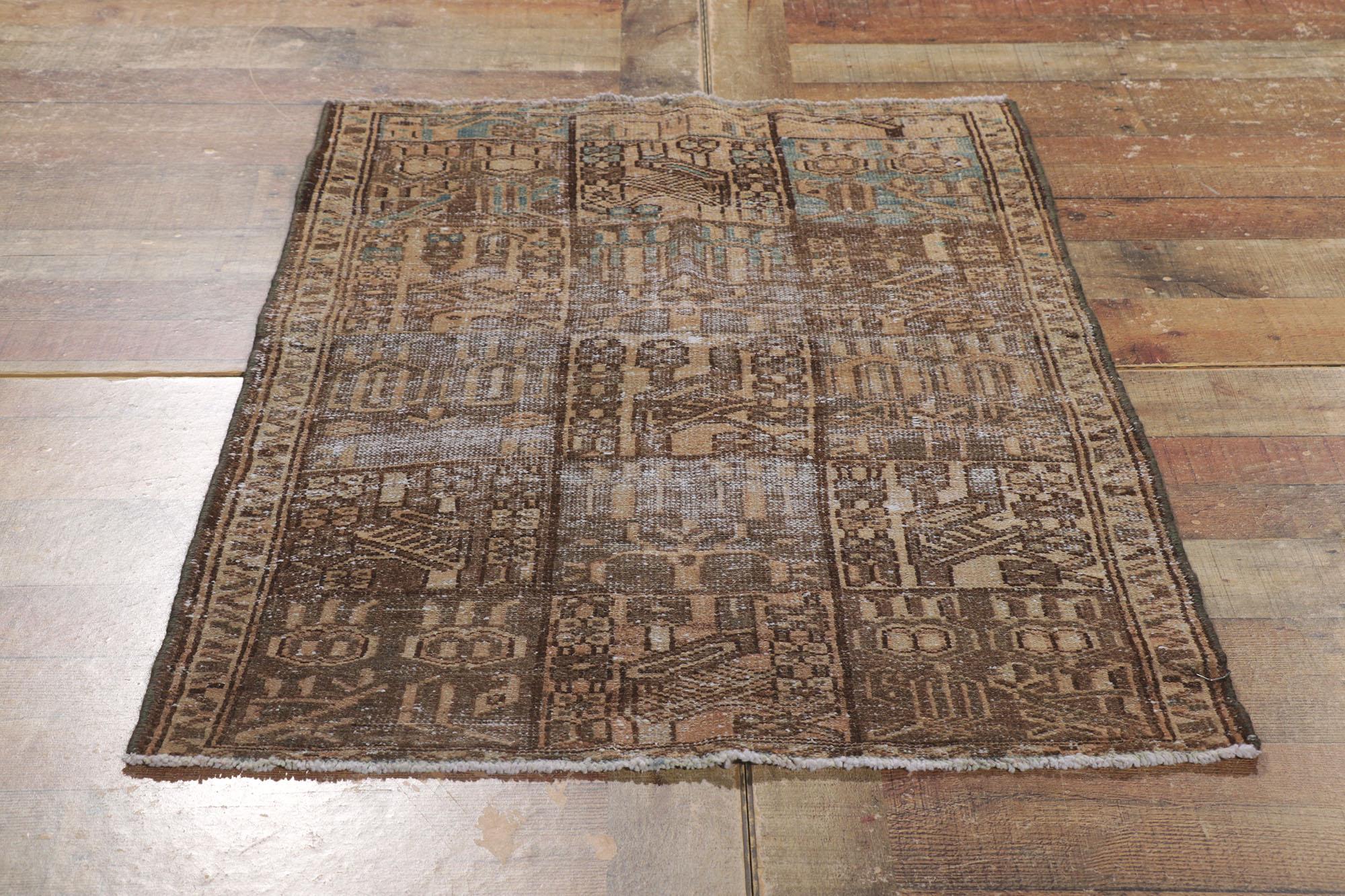 Wool Distressed Brown Vintage Persian Bakhtiari Rug with Square Panels For Sale