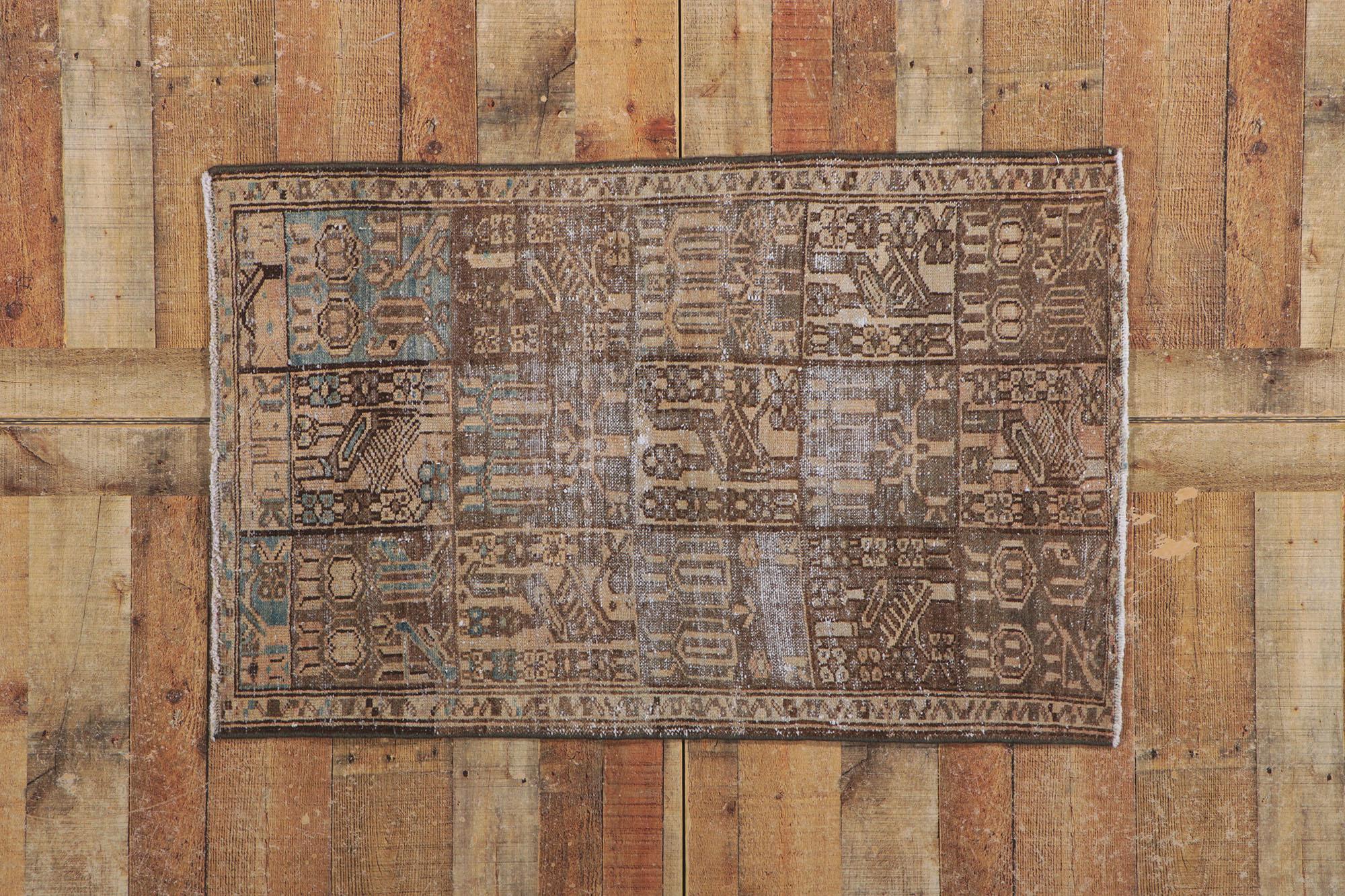 Distressed Brown Vintage Persian Bakhtiari Rug with Square Panels For Sale 1