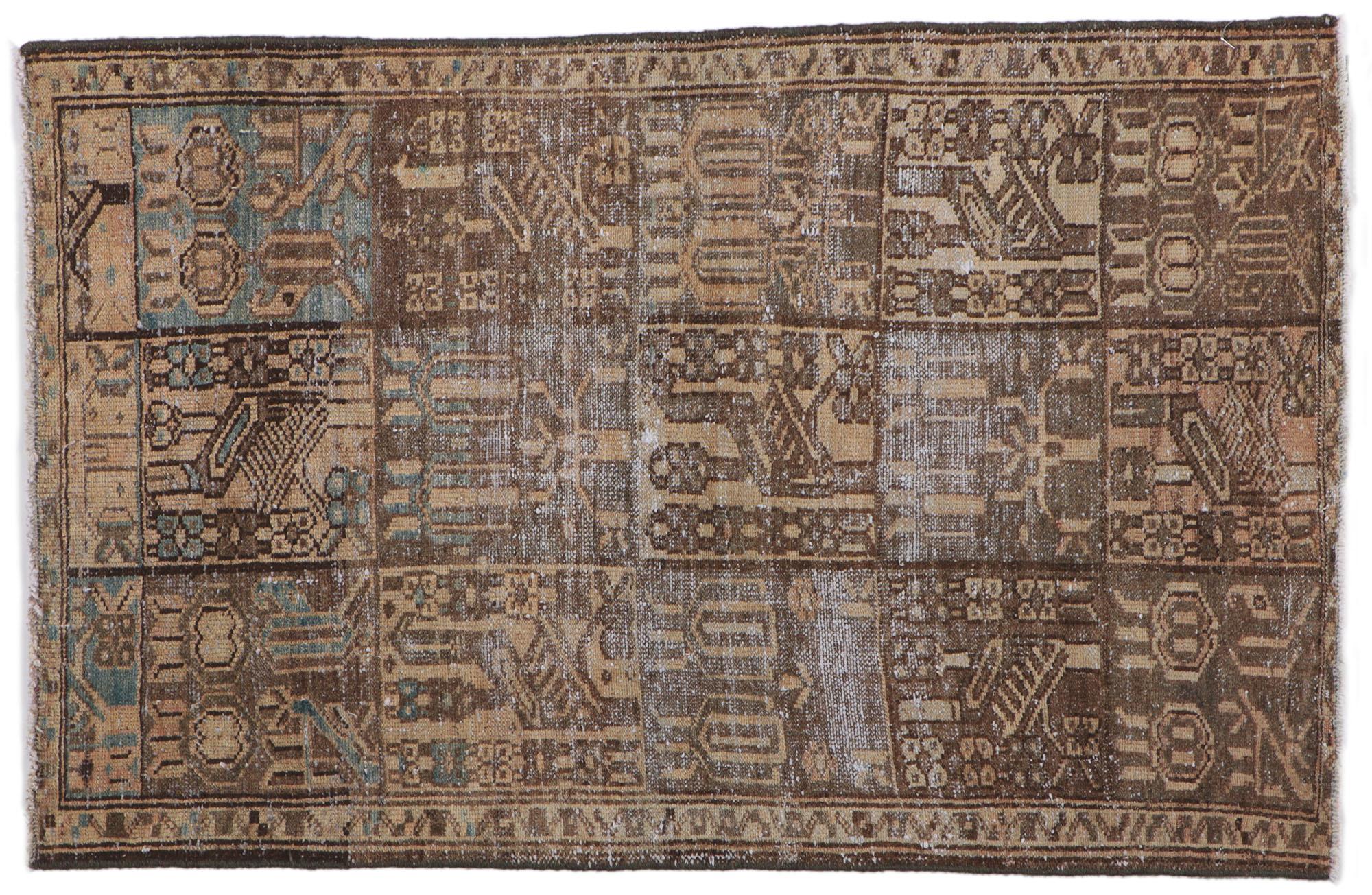 Distressed Brown Vintage Persian Bakhtiari Rug with Square Panels For Sale 2