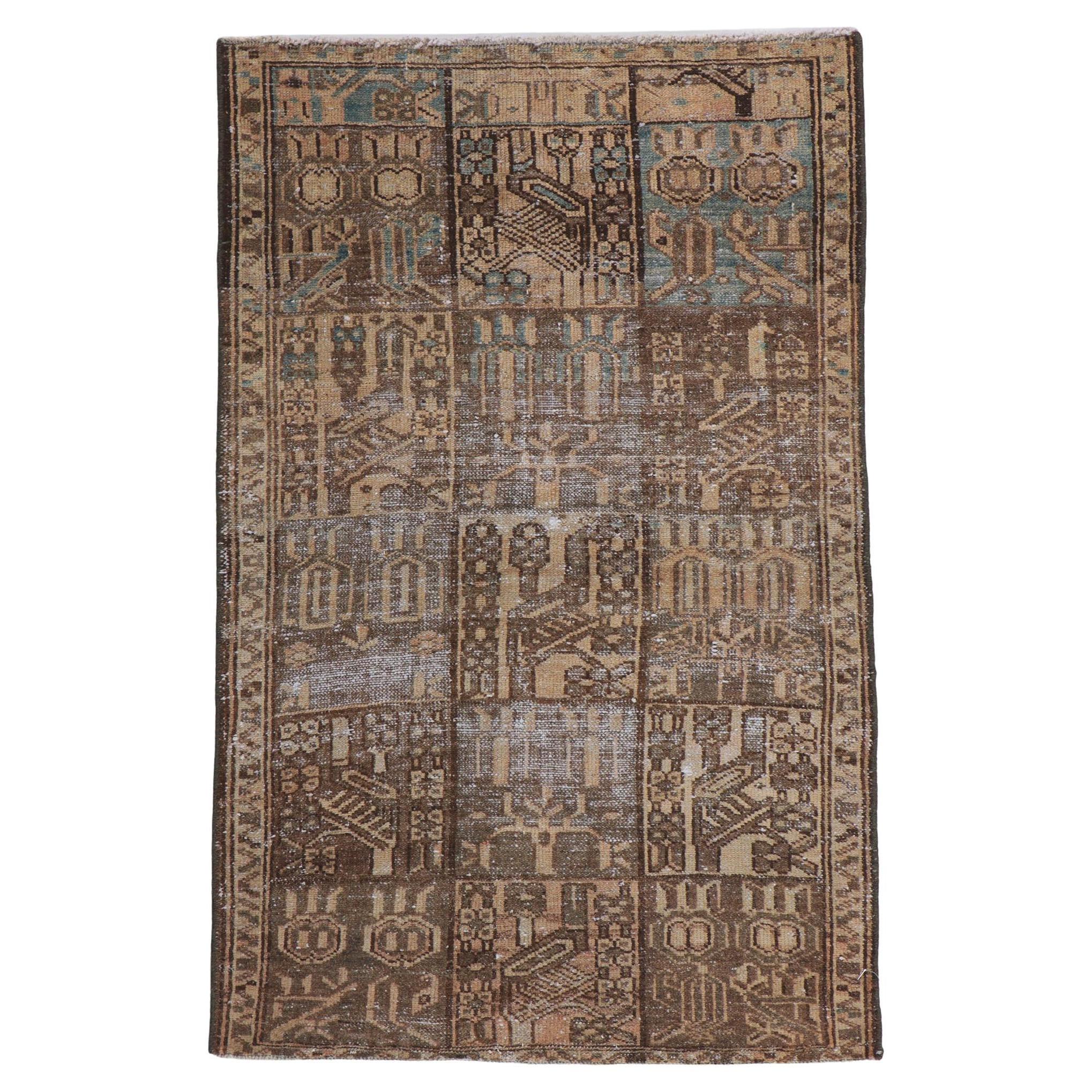 Distressed Brown Vintage Persian Bakhtiari Rug with Square Panels For Sale