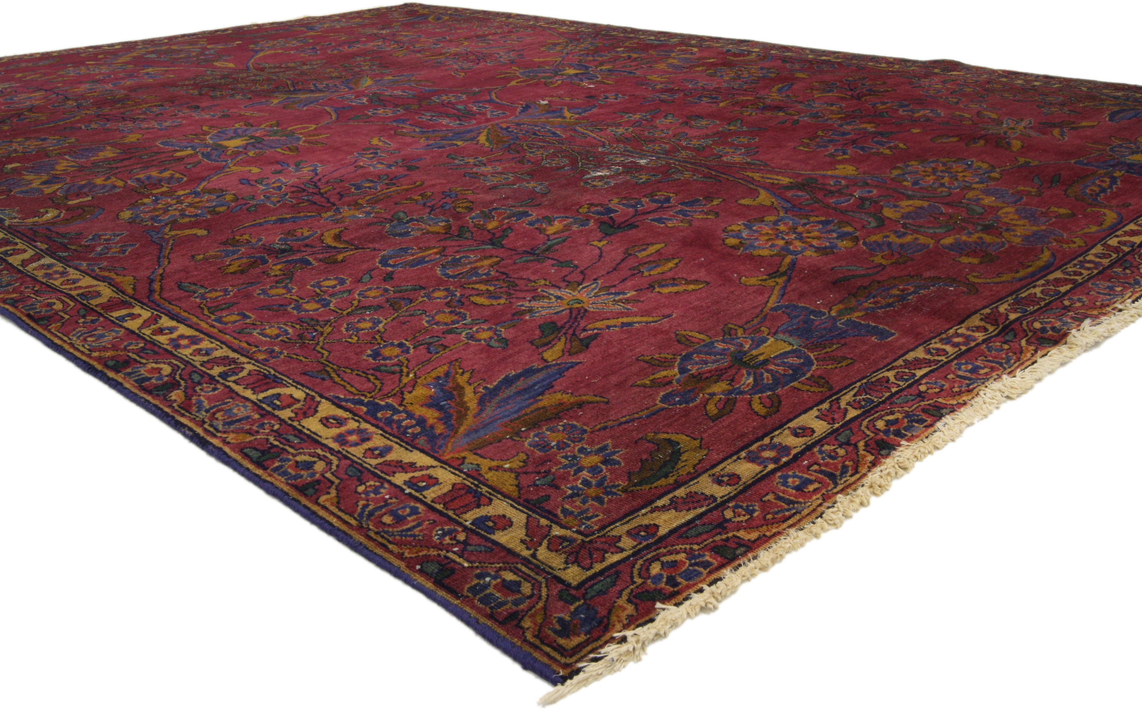 71879 Distressed Burgundy Antique Indian Area Rug with Old World Venetian Style 06'09 x 09'04. Rich in color, texture and beguiling ambiance, this distressed burgundy antique Indian rug features a lavish floral pattern composed of millefleur sprays,