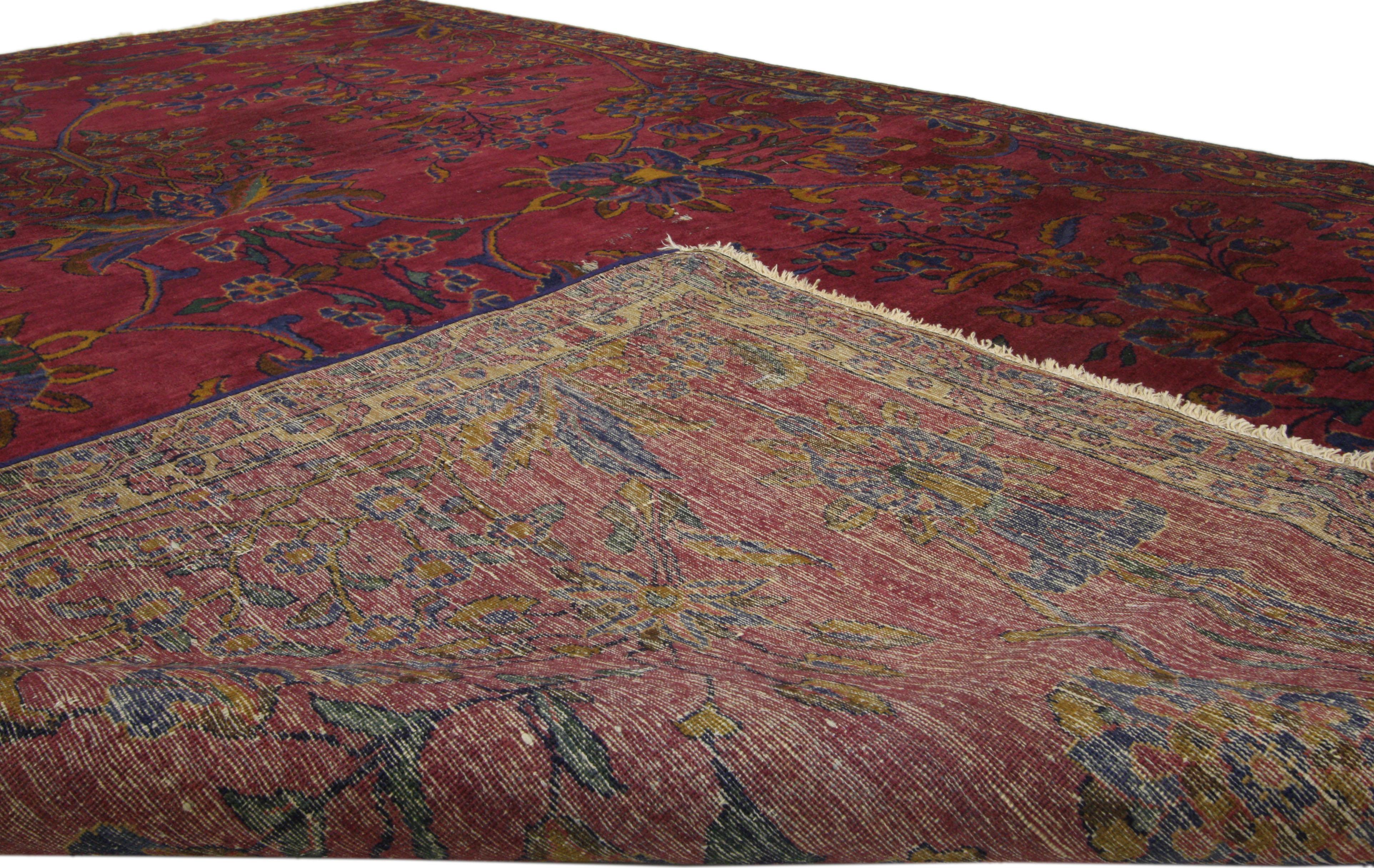 Agra Distressed Burgundy Antique Indian Area Rug with Old World Venetian Style For Sale