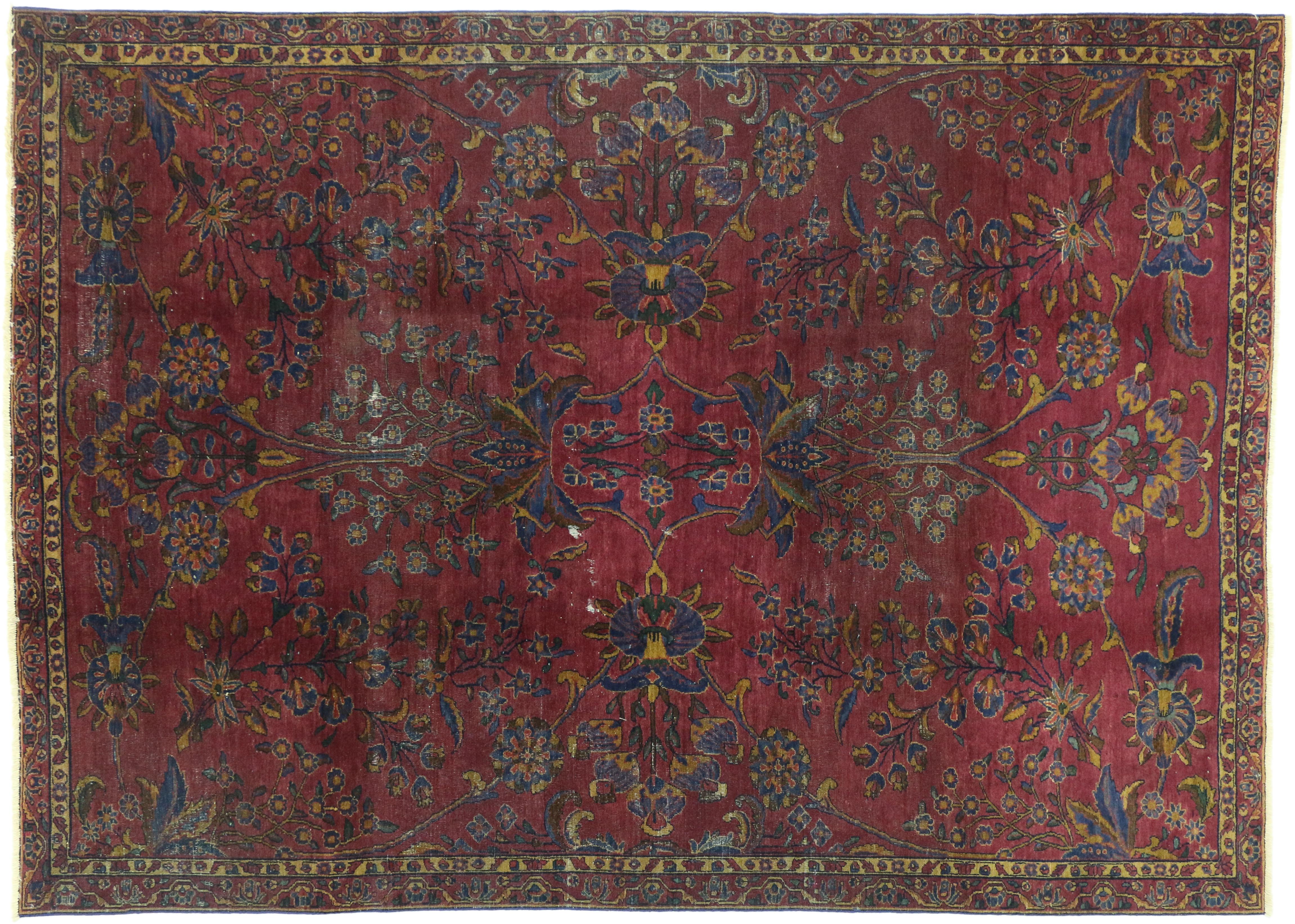 Hand-Knotted Distressed Burgundy Antique Indian Area Rug with Old World Venetian Style For Sale