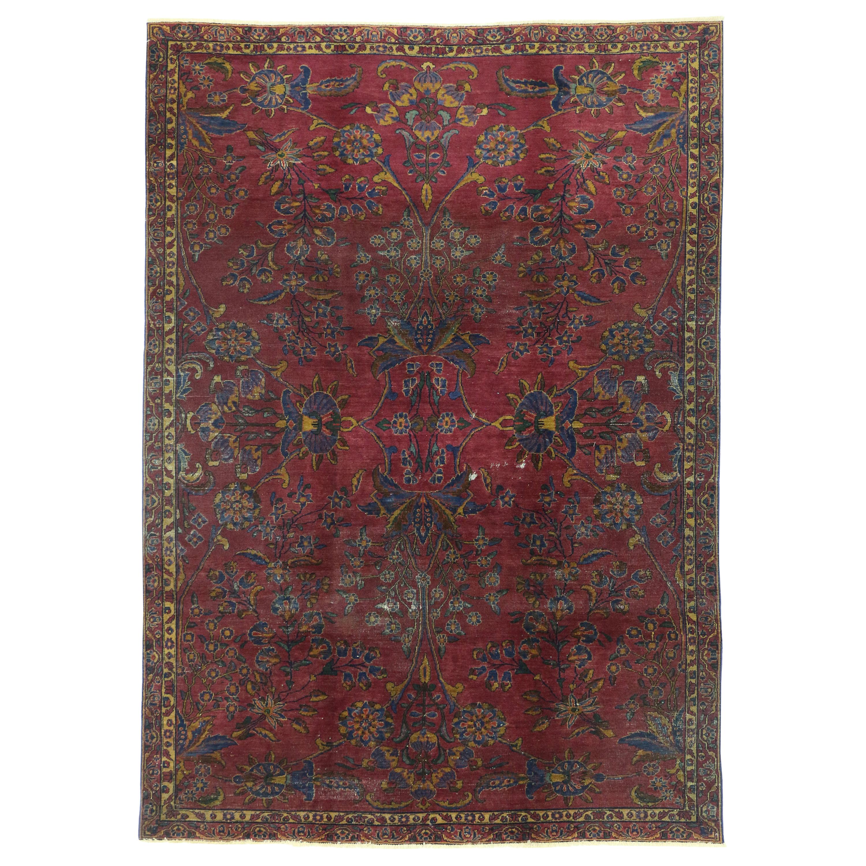 Distressed Burgundy Antique Indian Area Rug with Old World Venetian Style For Sale