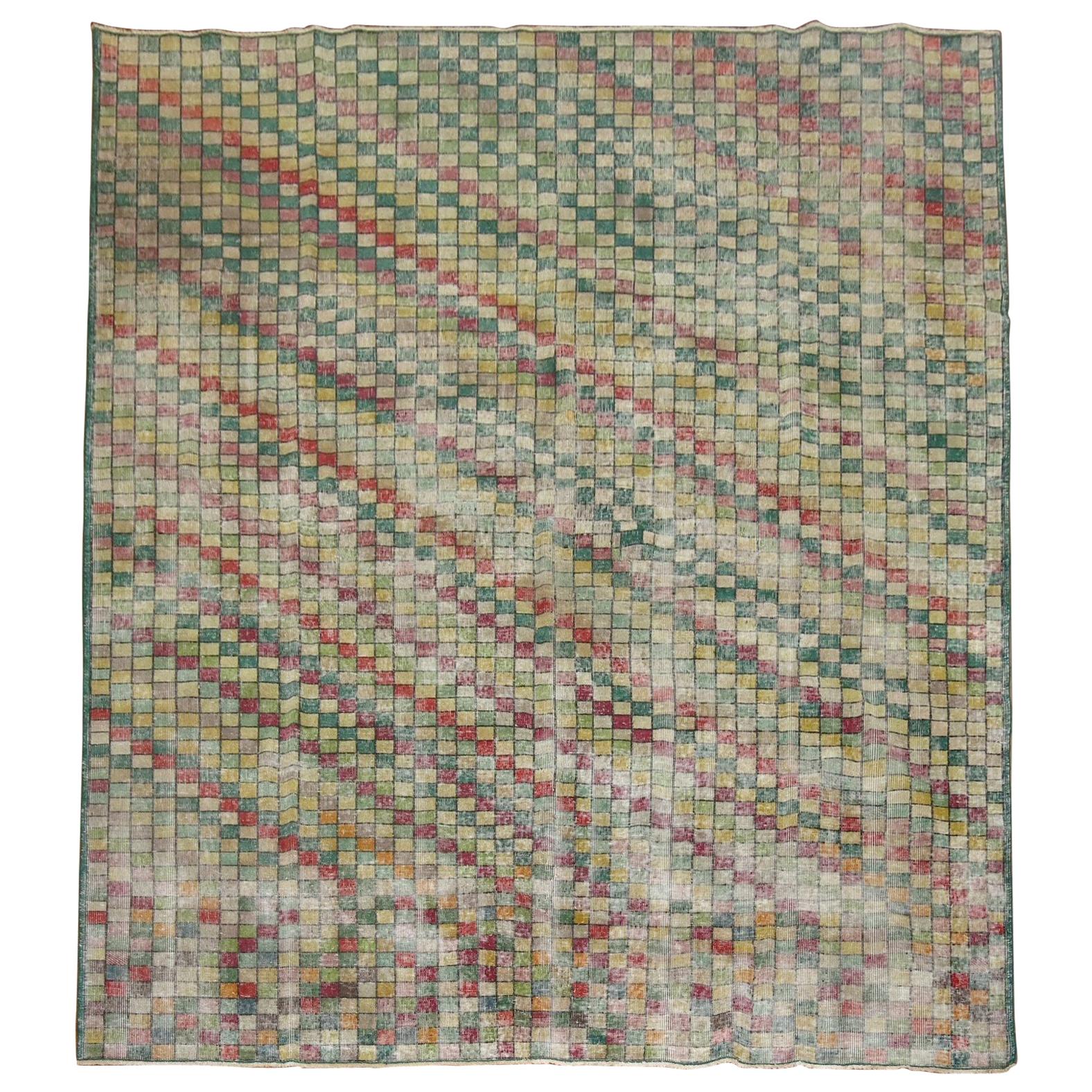 Distressed Checkerboard Green Turkish Deco Room Rug For Sale