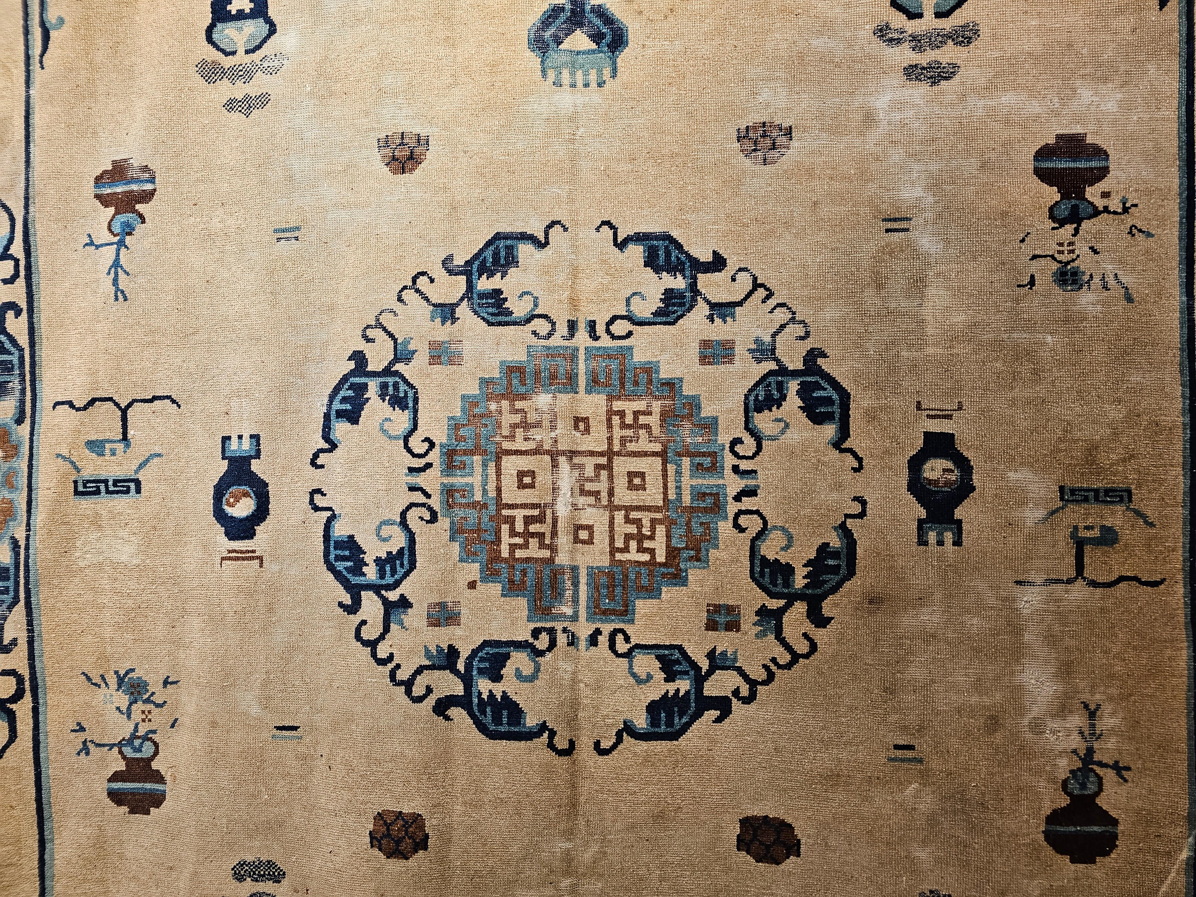 Hand-Knotted Vintage Chinese Peking Rug with Fortune Symbols in Ivory, Navy, Baby Blue For Sale