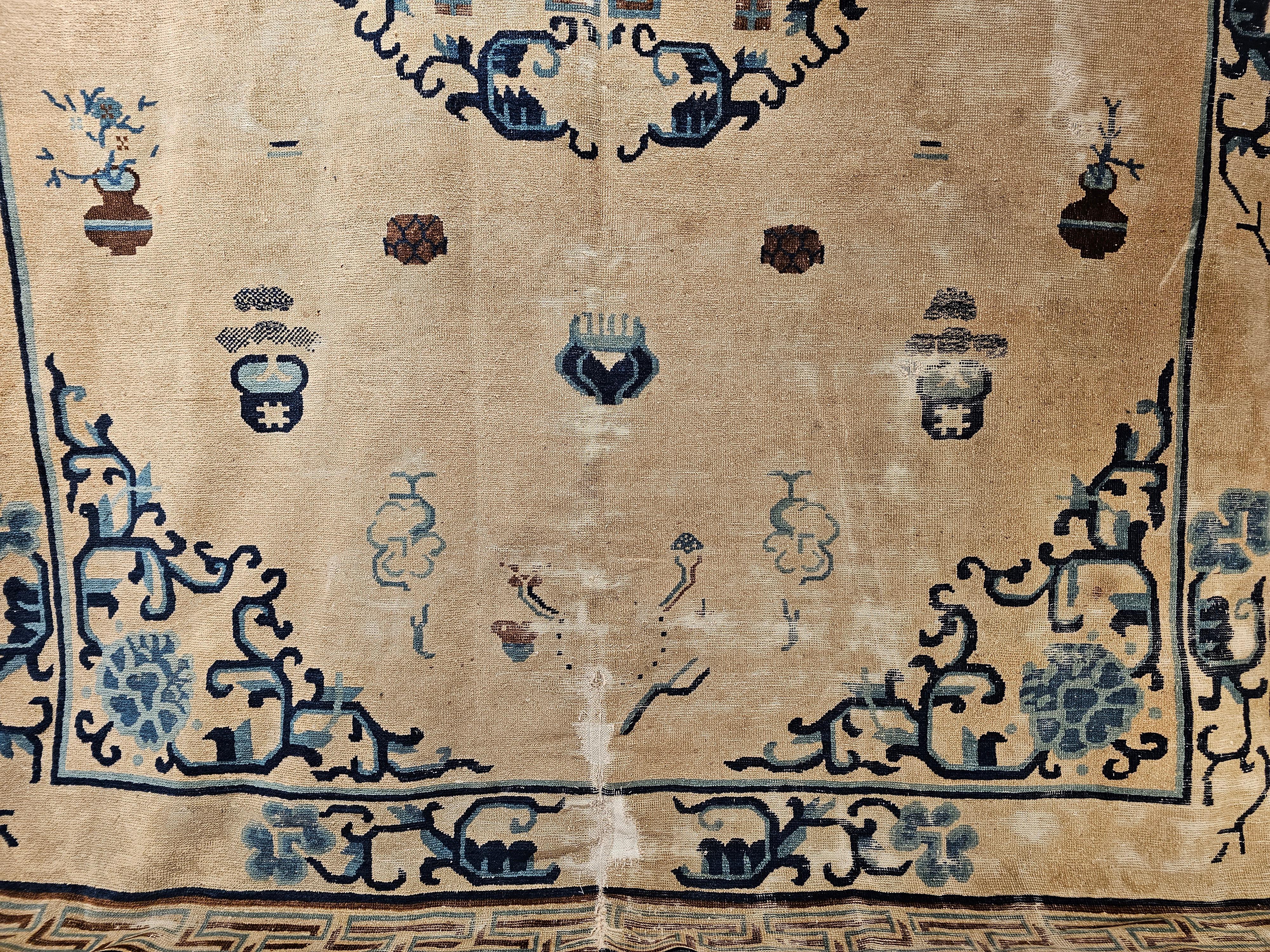19th Century Vintage Chinese Peking Rug with Fortune Symbols in Ivory, Navy, Baby Blue For Sale