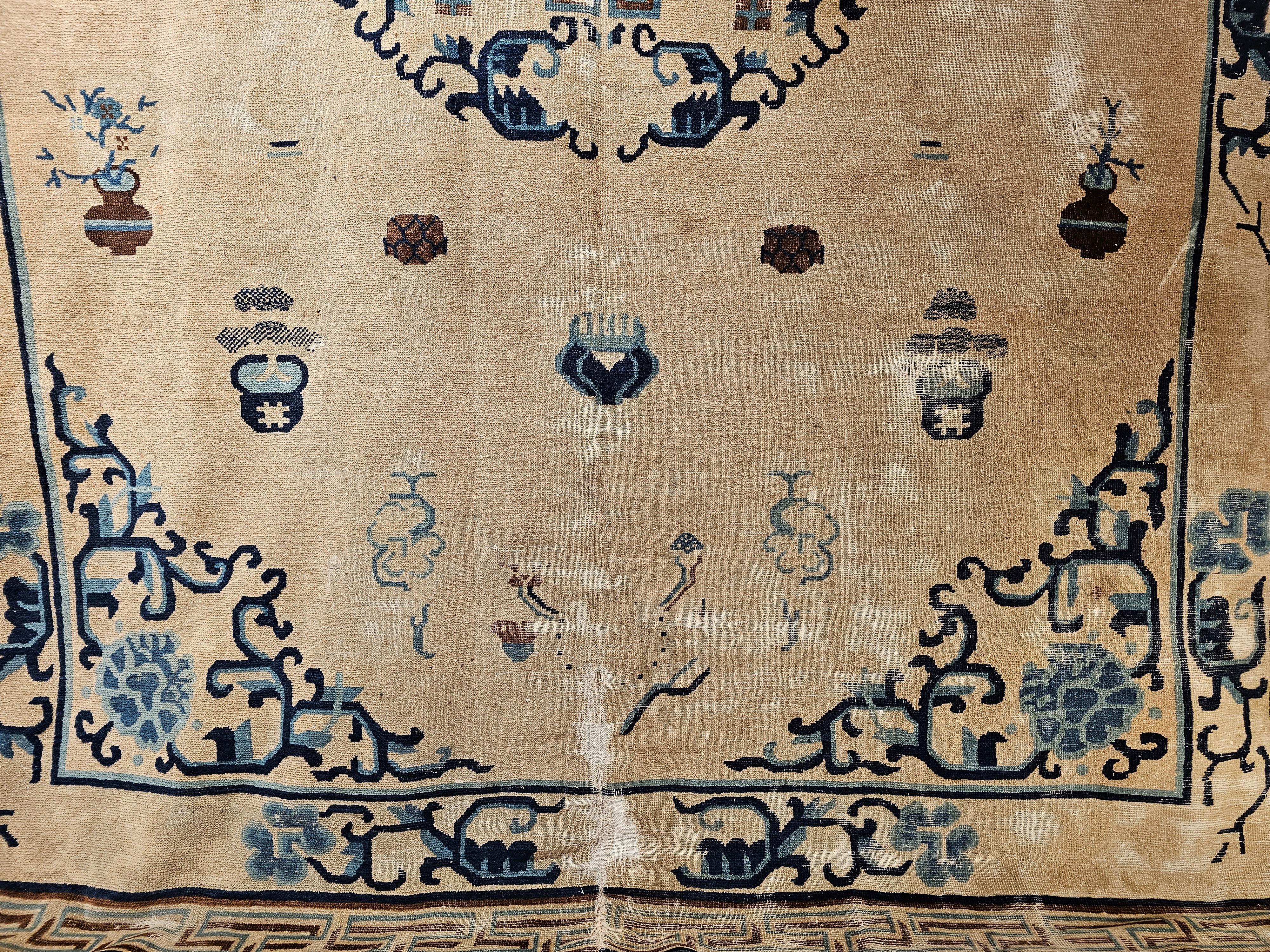 Wool 19th Century Chinese Peking Rug in Ivory with Lion Dogs & Auspicious Symbols For Sale