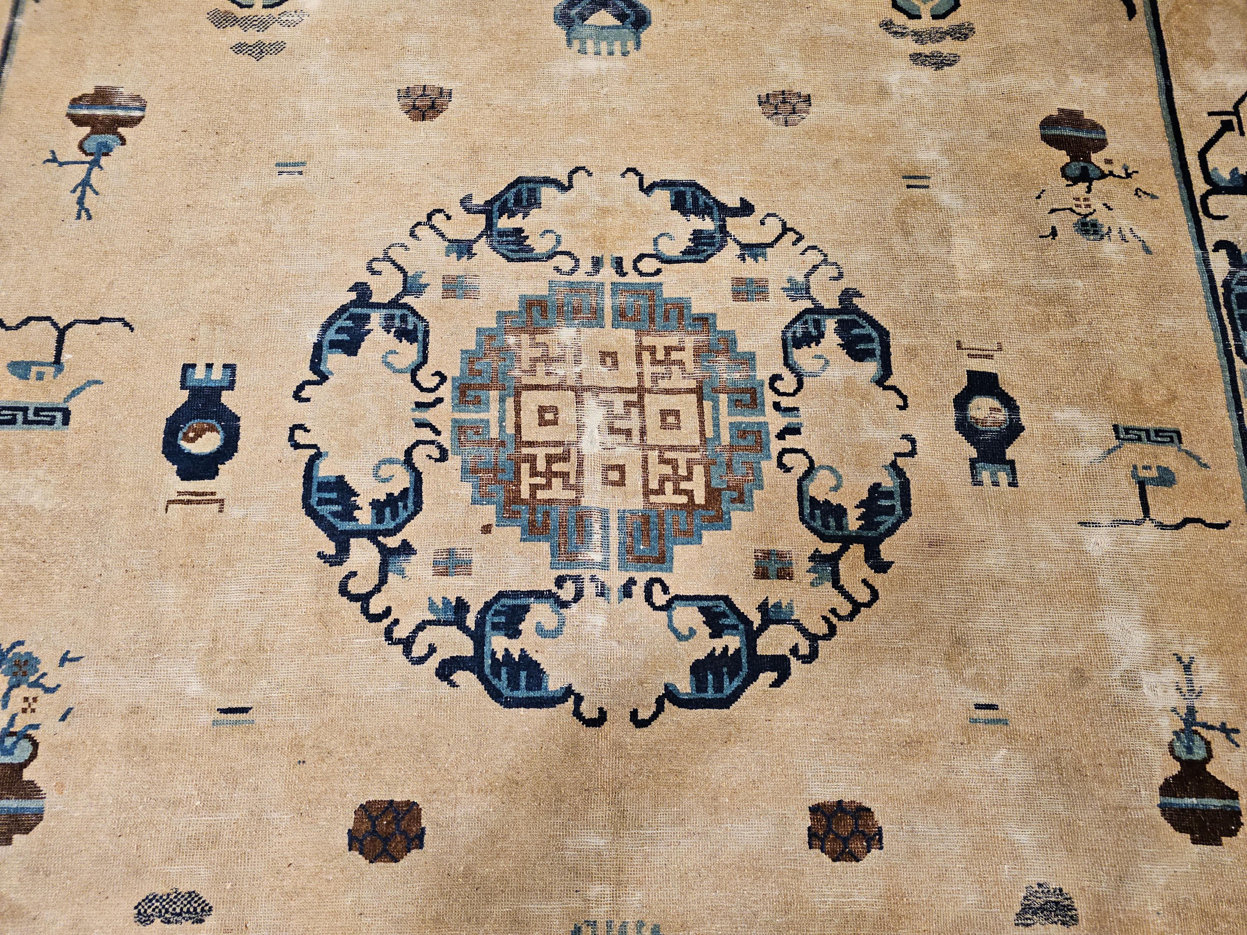 Vintage Chinese Peking Rug with Fortune Symbols in Ivory, Navy, Baby Blue For Sale 2