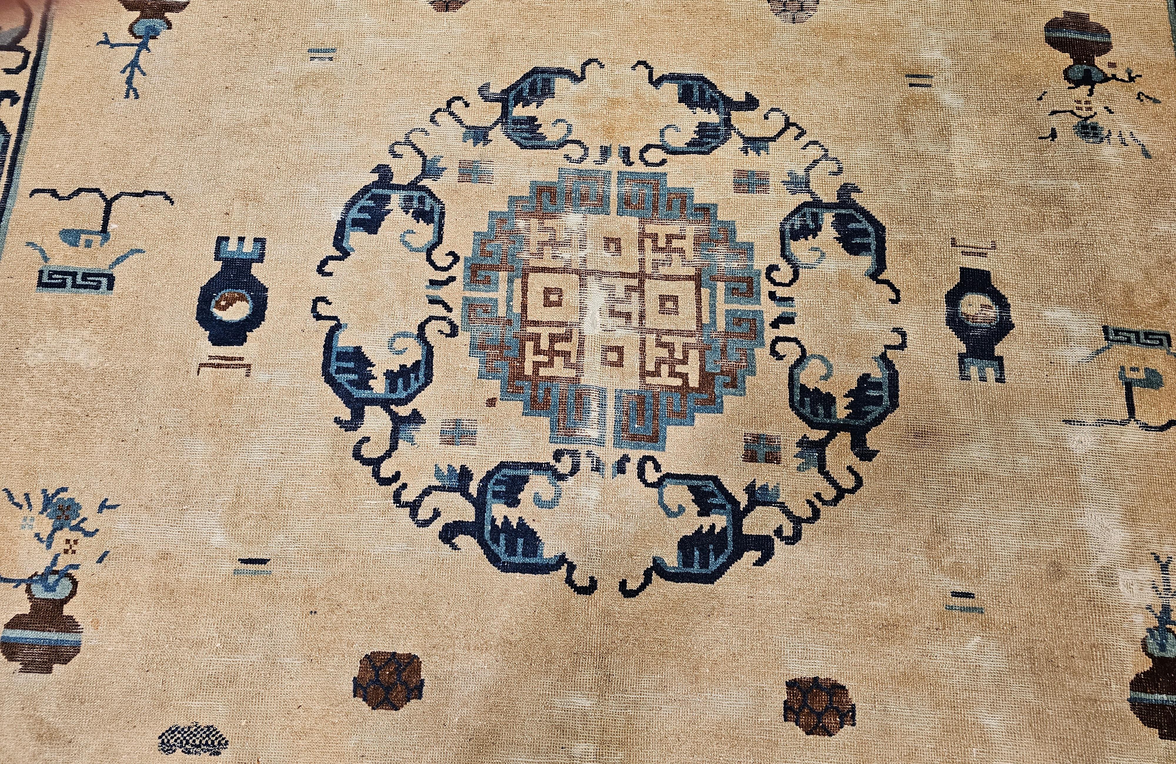 Vintage Chinese Peking Rug with Fortune Symbols in Ivory, Navy, Baby Blue For Sale 3