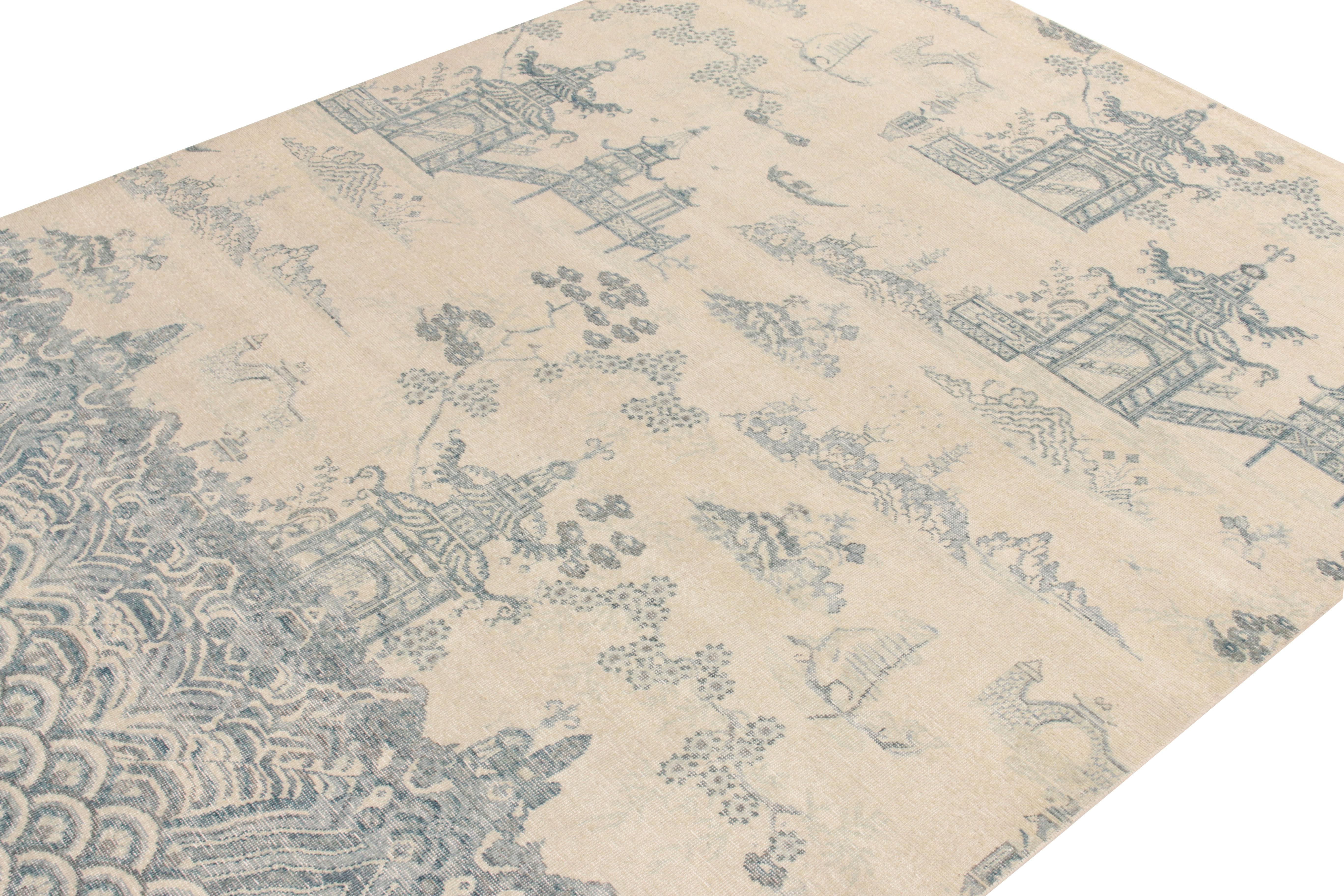 Indian Rug & Kilim's Distressed Chinese Pictorial Style Rug in Blue, Off-White Pattern For Sale