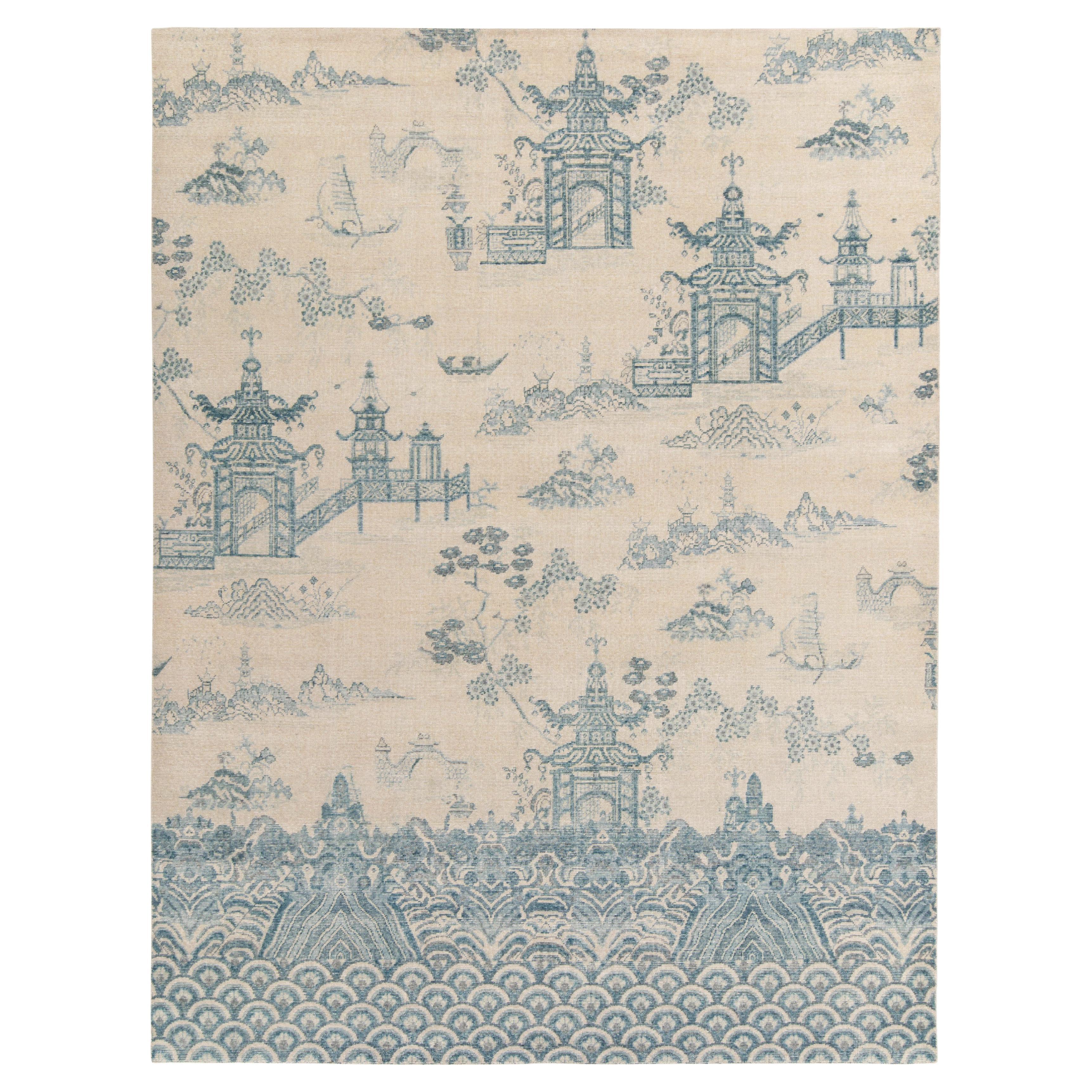 Rug & Kilim's Distressed Chinese Pictorial Style Rug in Blue, Off-White Pattern For Sale