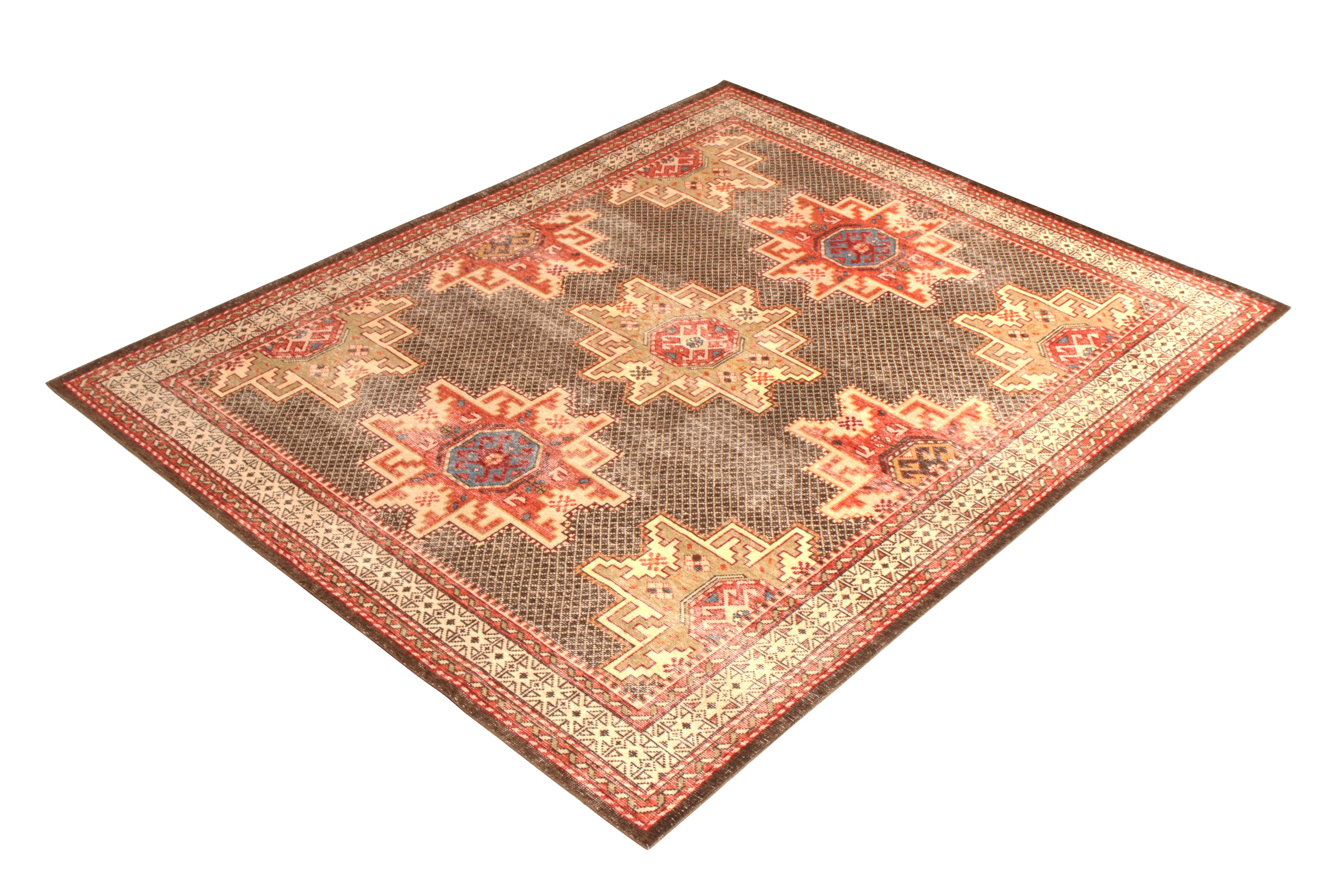 Color: Beige, brown, and red
Style: 19th century Caucasian

New distressed rug
Size: 7'10