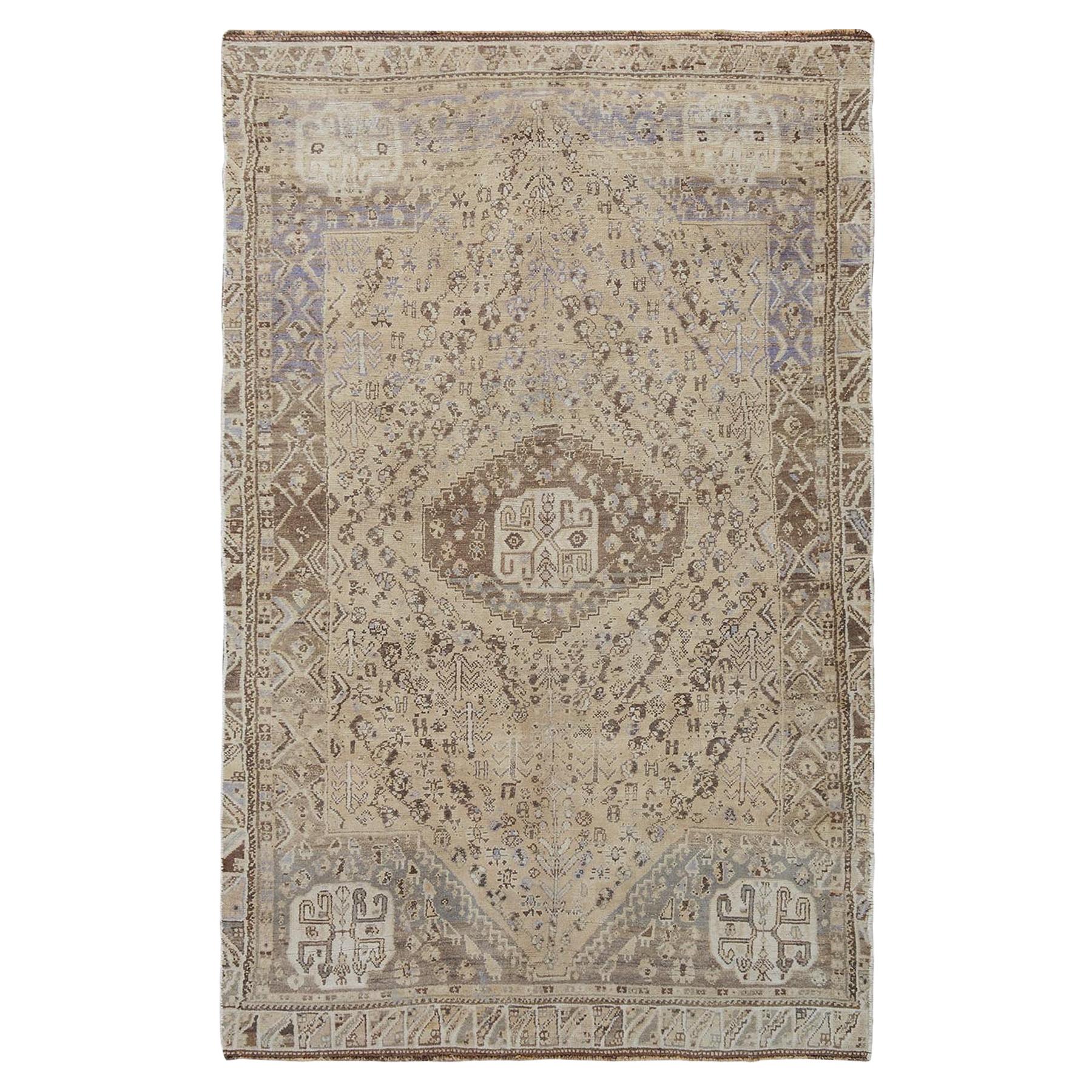 Distressed Colors Vintage and Worn Down Persian Shiraz Pure Wool Bohemian Rug For Sale
