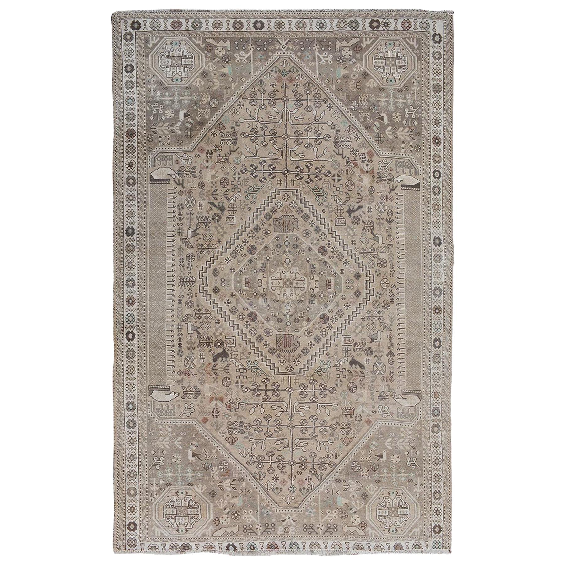 Distressed Colors Vintage and Worn Down Persian Shiraz Pure Wool Bohemian Rug For Sale at 1stDibs