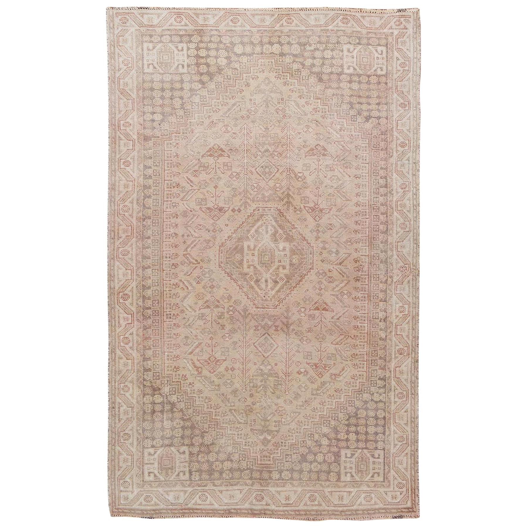 Distressed Colors Vintage Persian Shiraz Worn Down Pure Wool Hand Knotted Rug