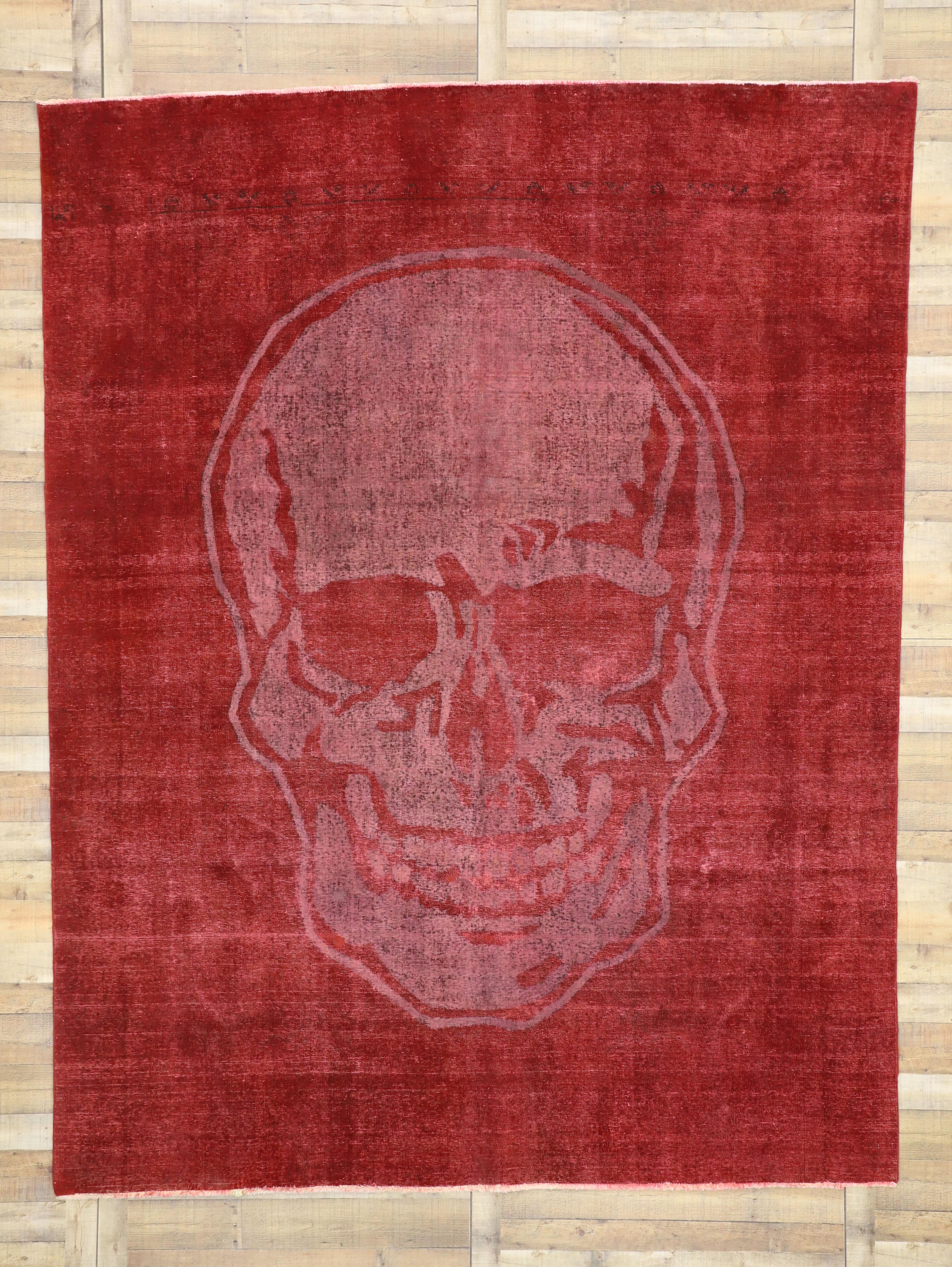 Distressed Craniotomy Vintage Red Skull Area Rug Inspired by Alexander McQueen For Sale 2