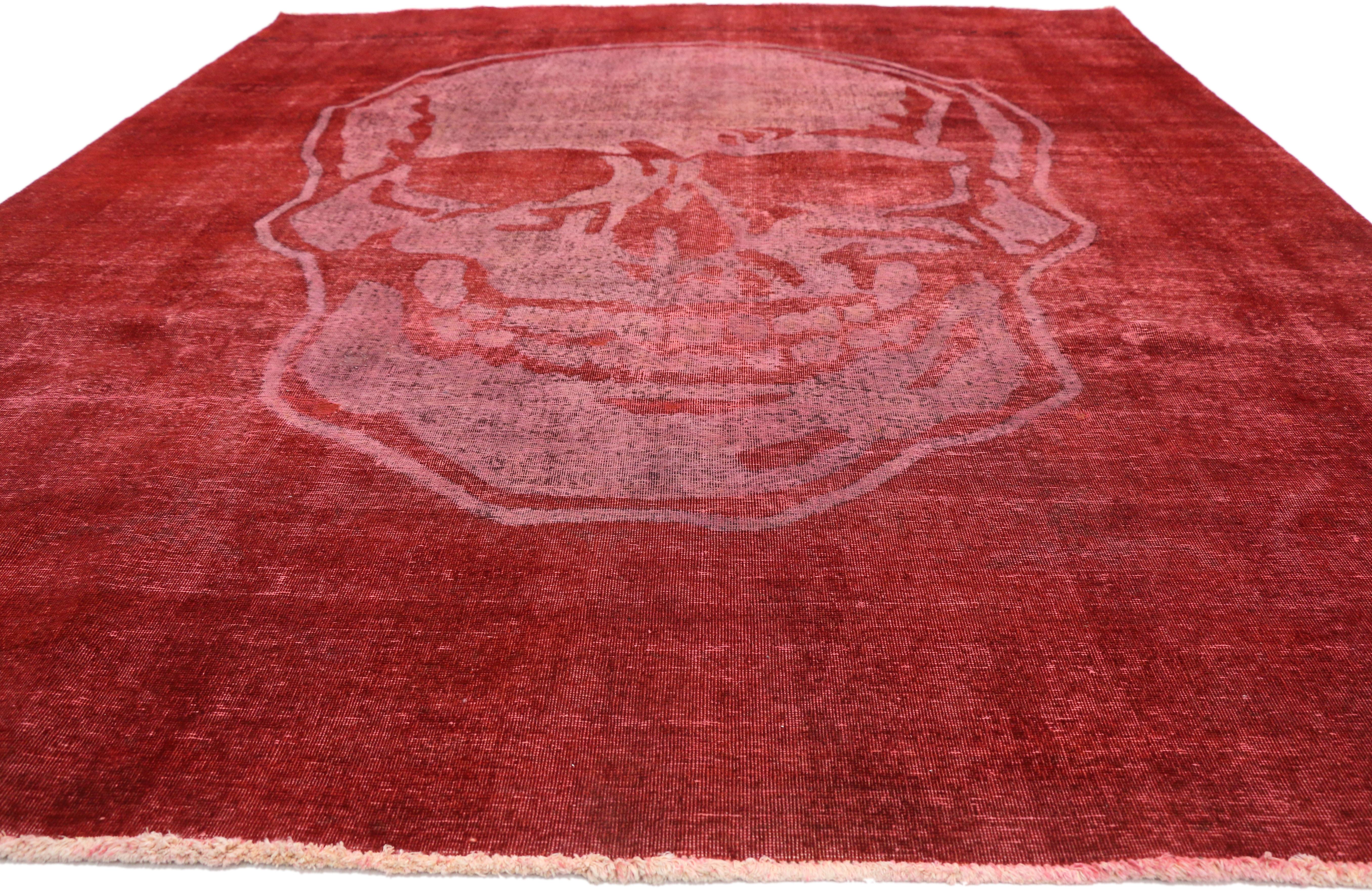 Hand-Knotted Distressed Craniotomy Vintage Red Skull Area Rug Inspired by Alexander McQueen For Sale