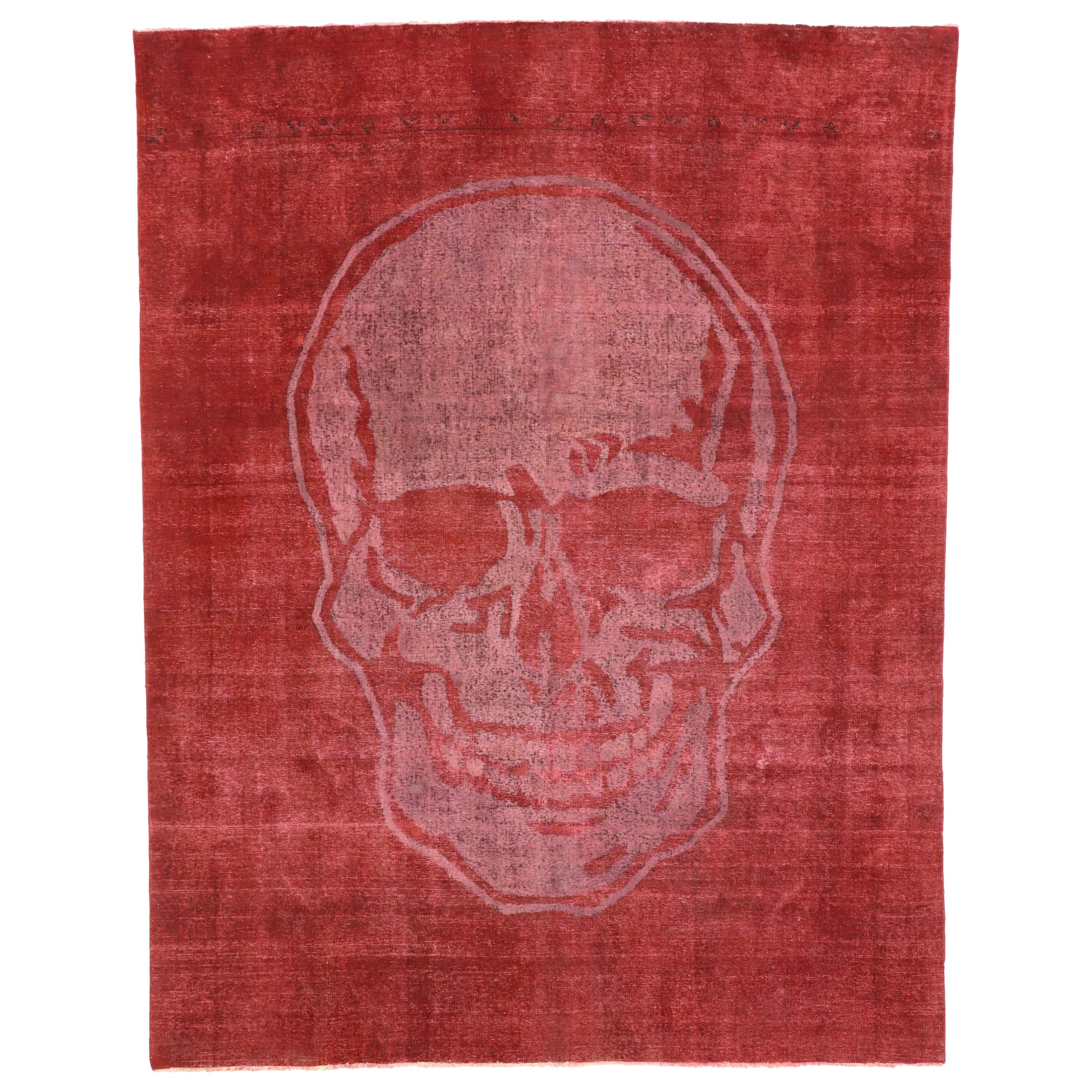 Distressed Craniotomy Vintage Red Skull Area Rug Inspired by Alexander McQueen For Sale