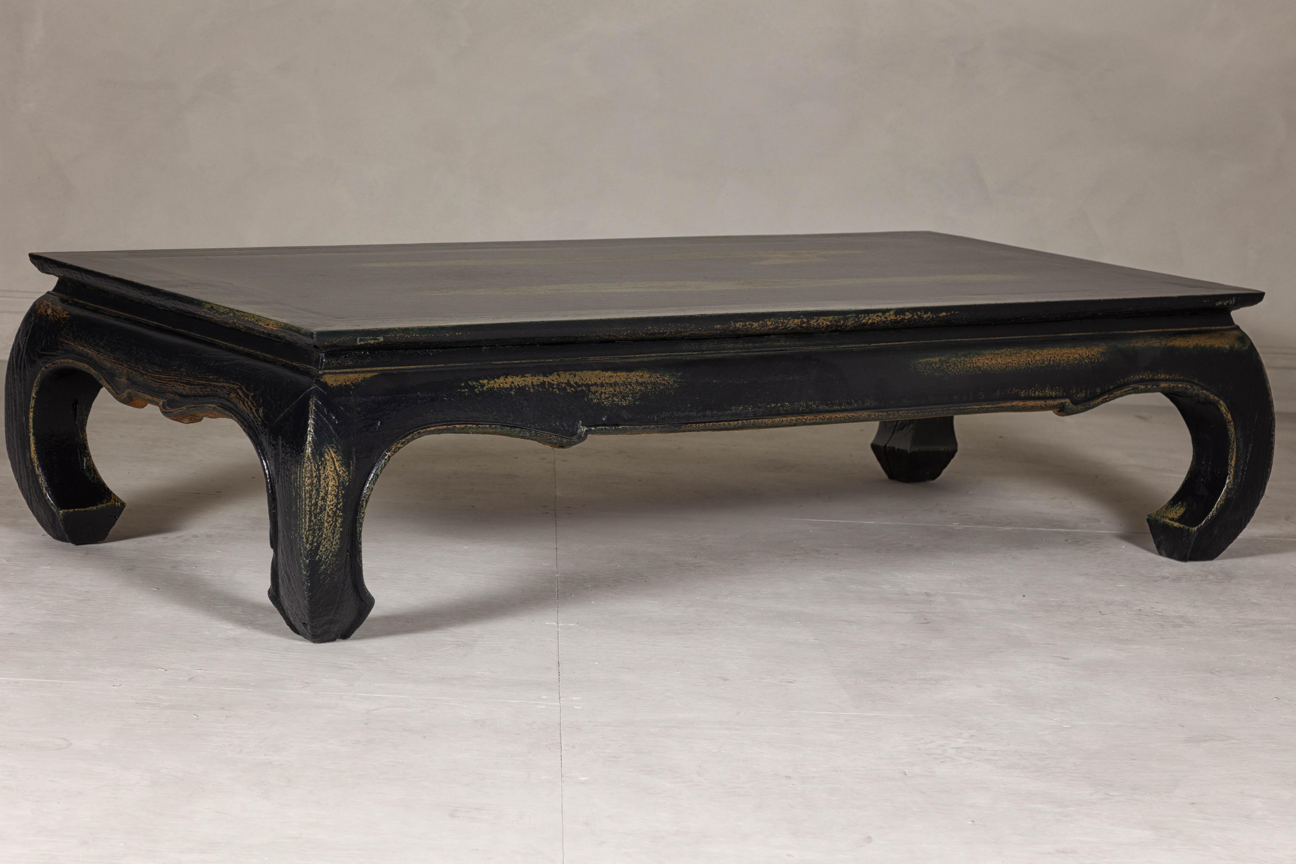 Distressed Dark Blue Chow Leg Coffee Table with Ocher Accents and Waisted Apron For Sale 3