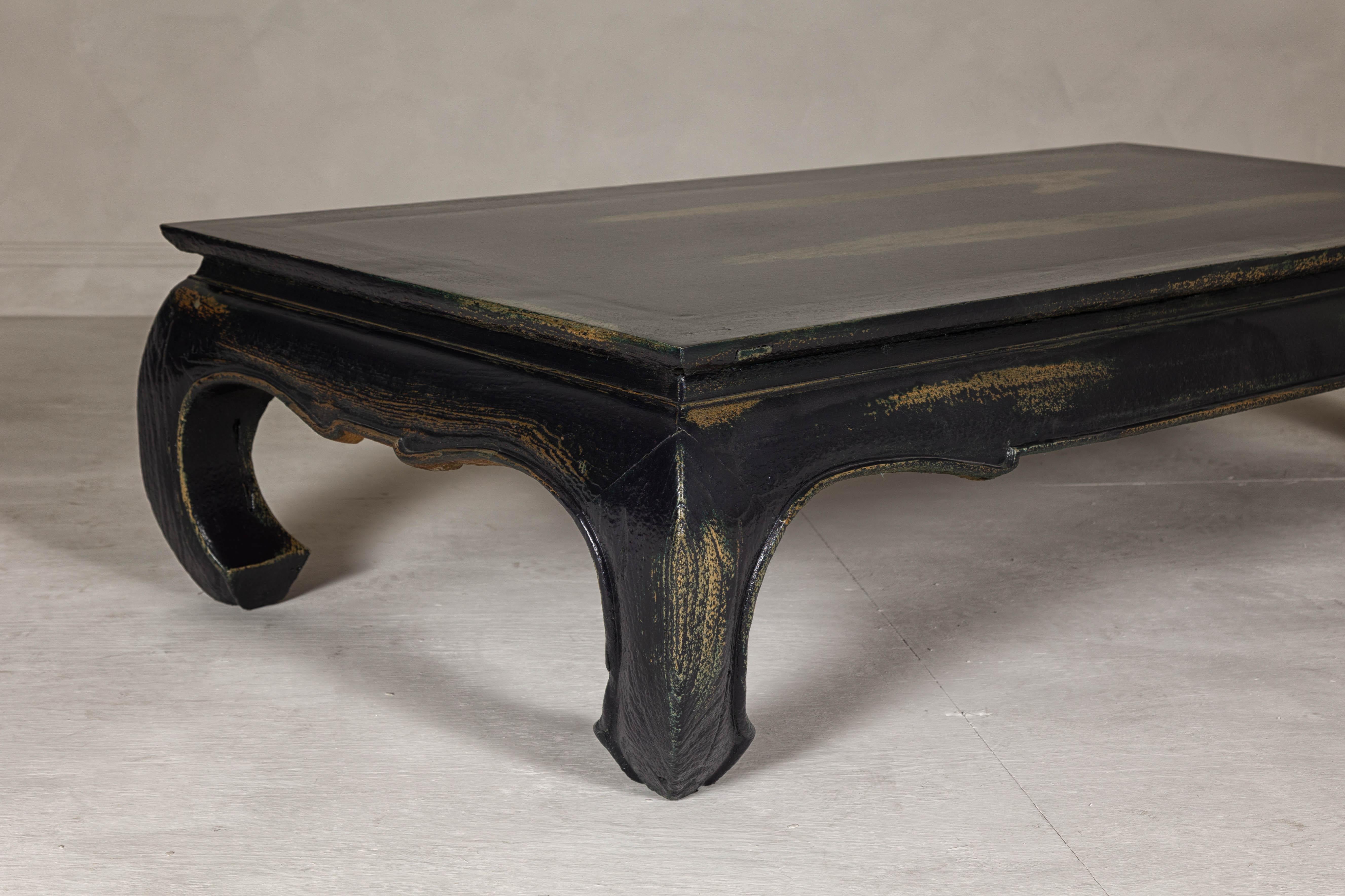 Distressed Dark Blue Chow Leg Coffee Table with Ocher Accents and Waisted Apron For Sale 5