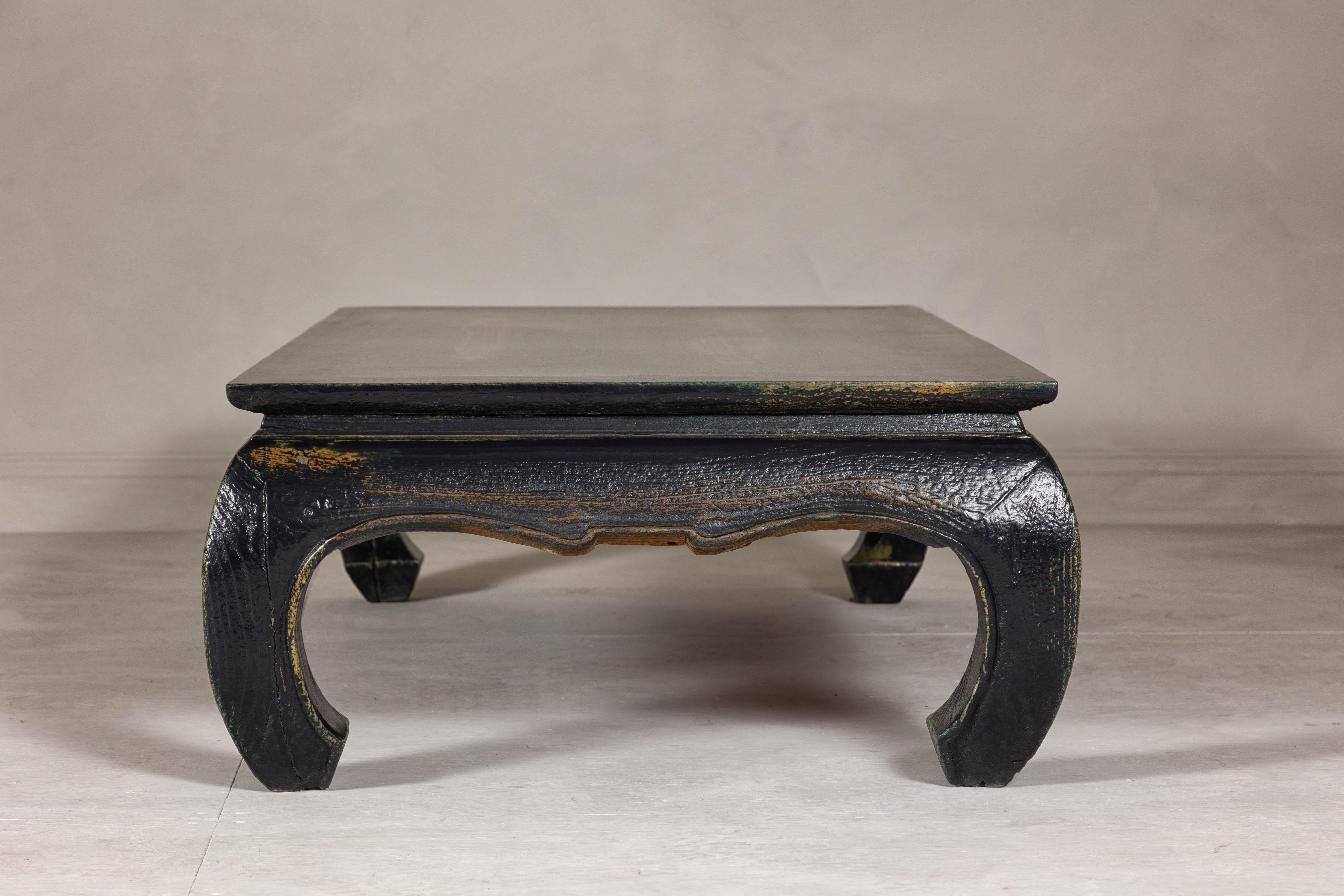Distressed Dark Blue Chow Leg Coffee Table with Ocher Accents and Waisted Apron For Sale 6