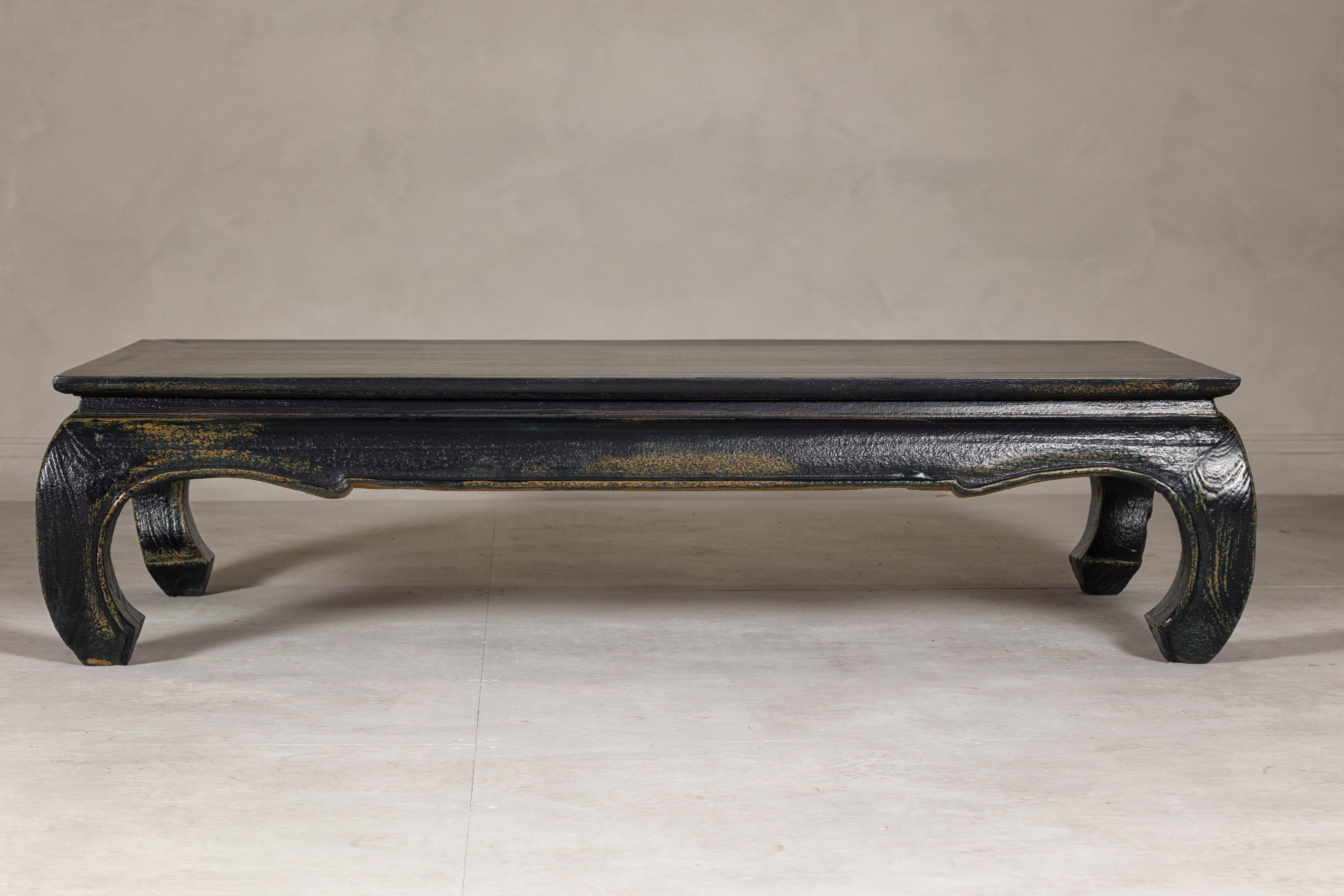 Distressed Dark Blue Chow Leg Coffee Table with Ocher Accents and Waisted Apron For Sale 7
