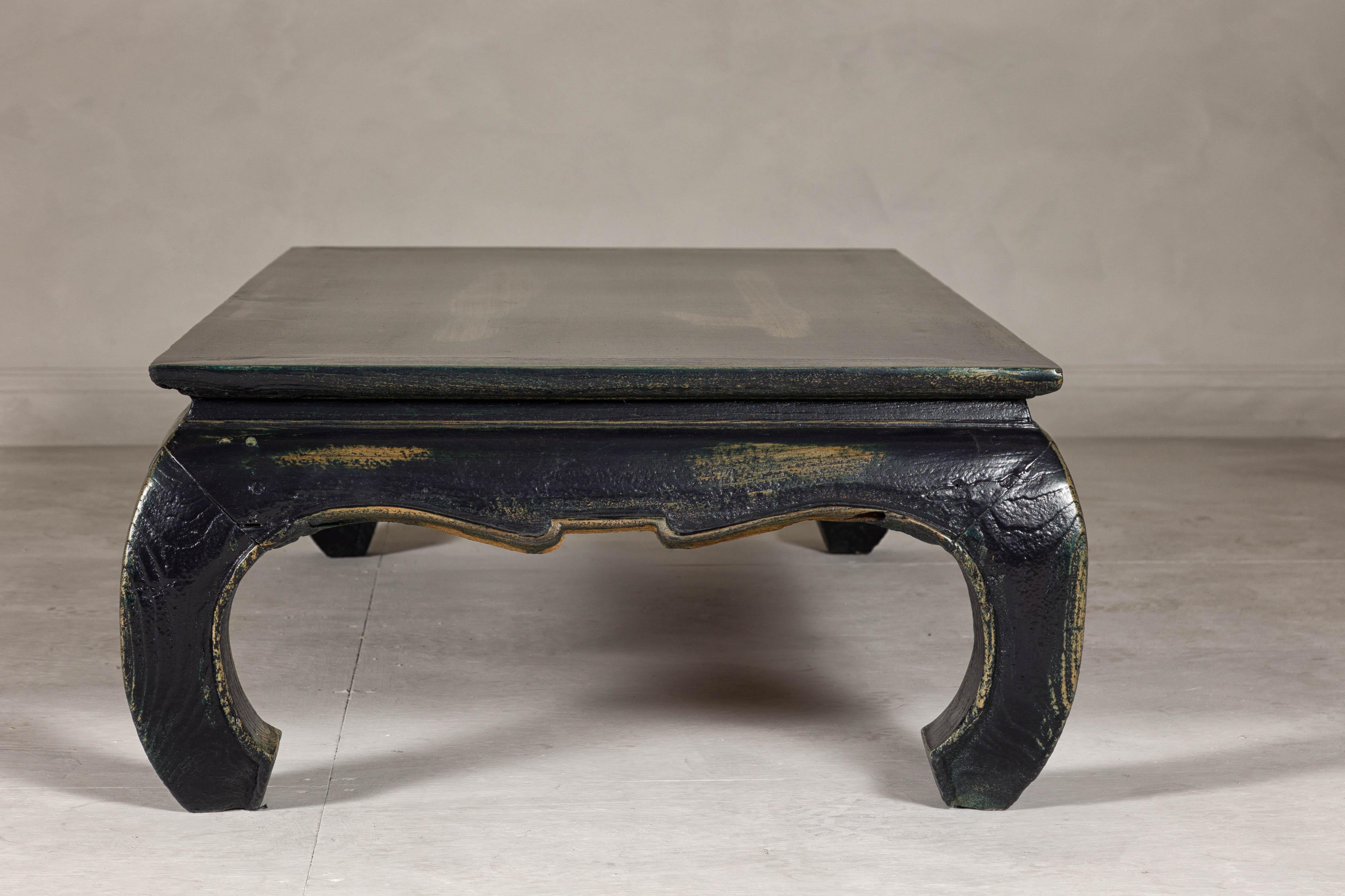 Distressed Dark Blue Chow Leg Coffee Table with Ocher Accents and Waisted Apron For Sale 8